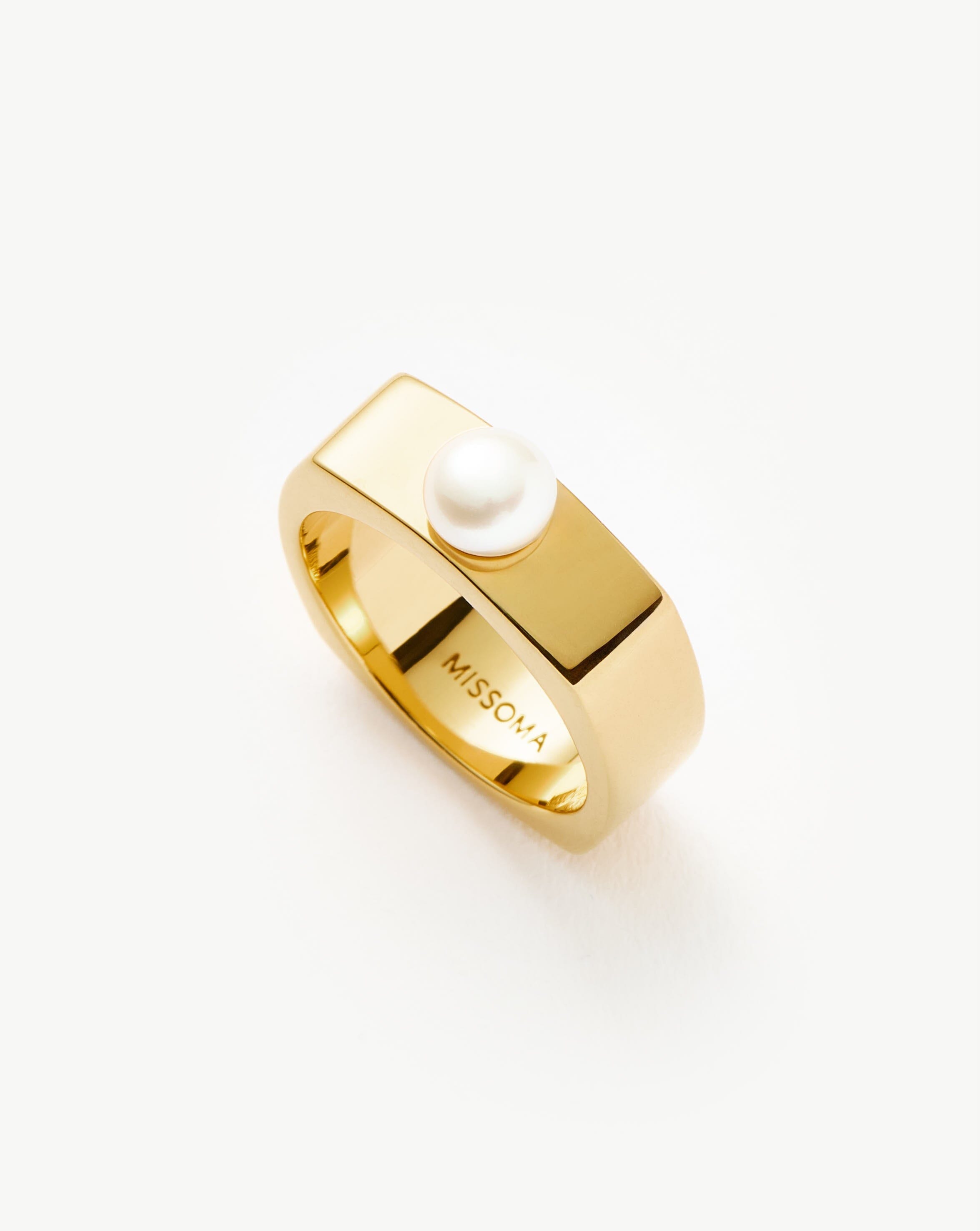 Chunky Pearl Ring with 18k Gold Plating | Button Pearl Square Design