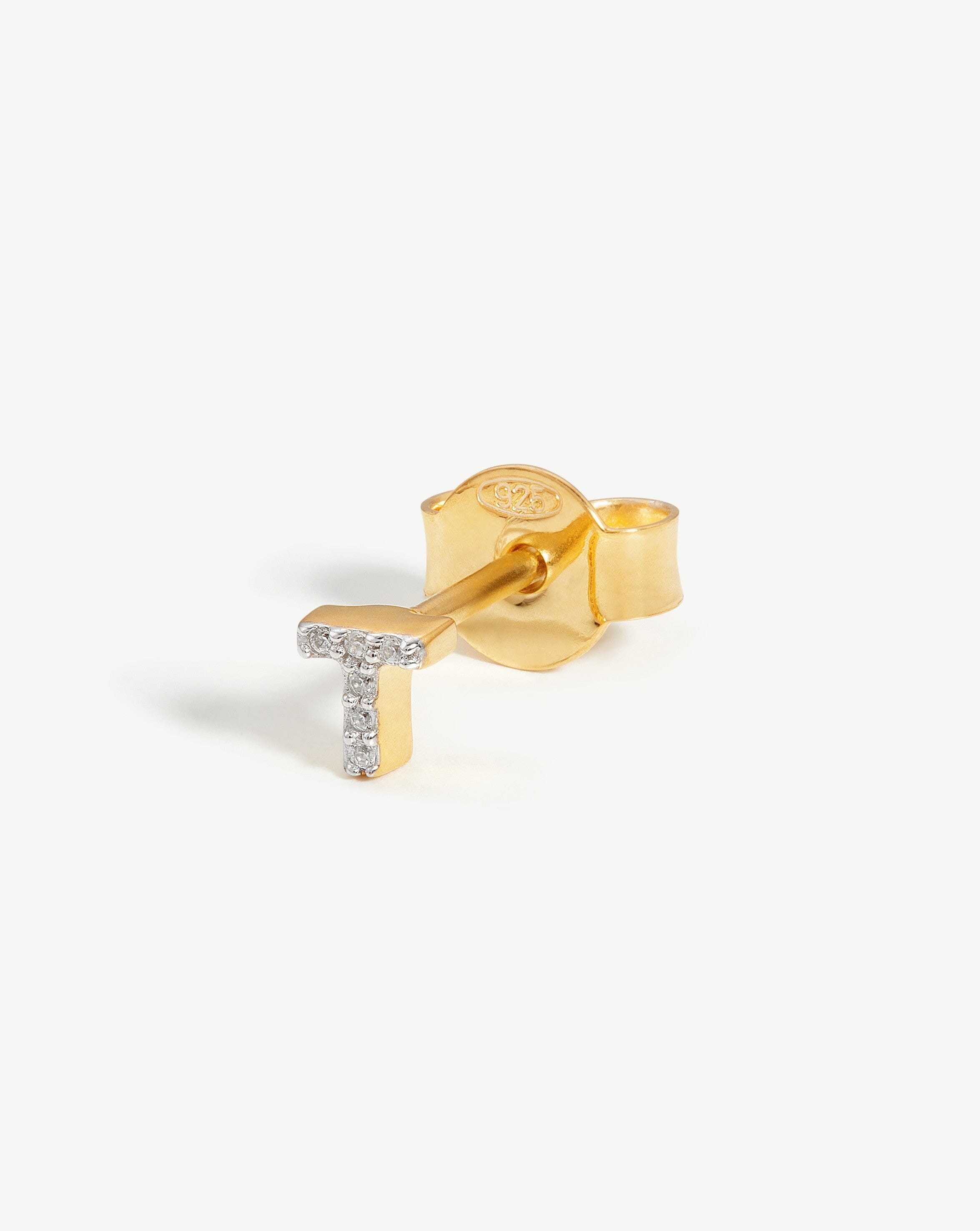 Pave Initial Stud Earring in 18k Gold Vermeil & Cubic Zirconia | Letter T