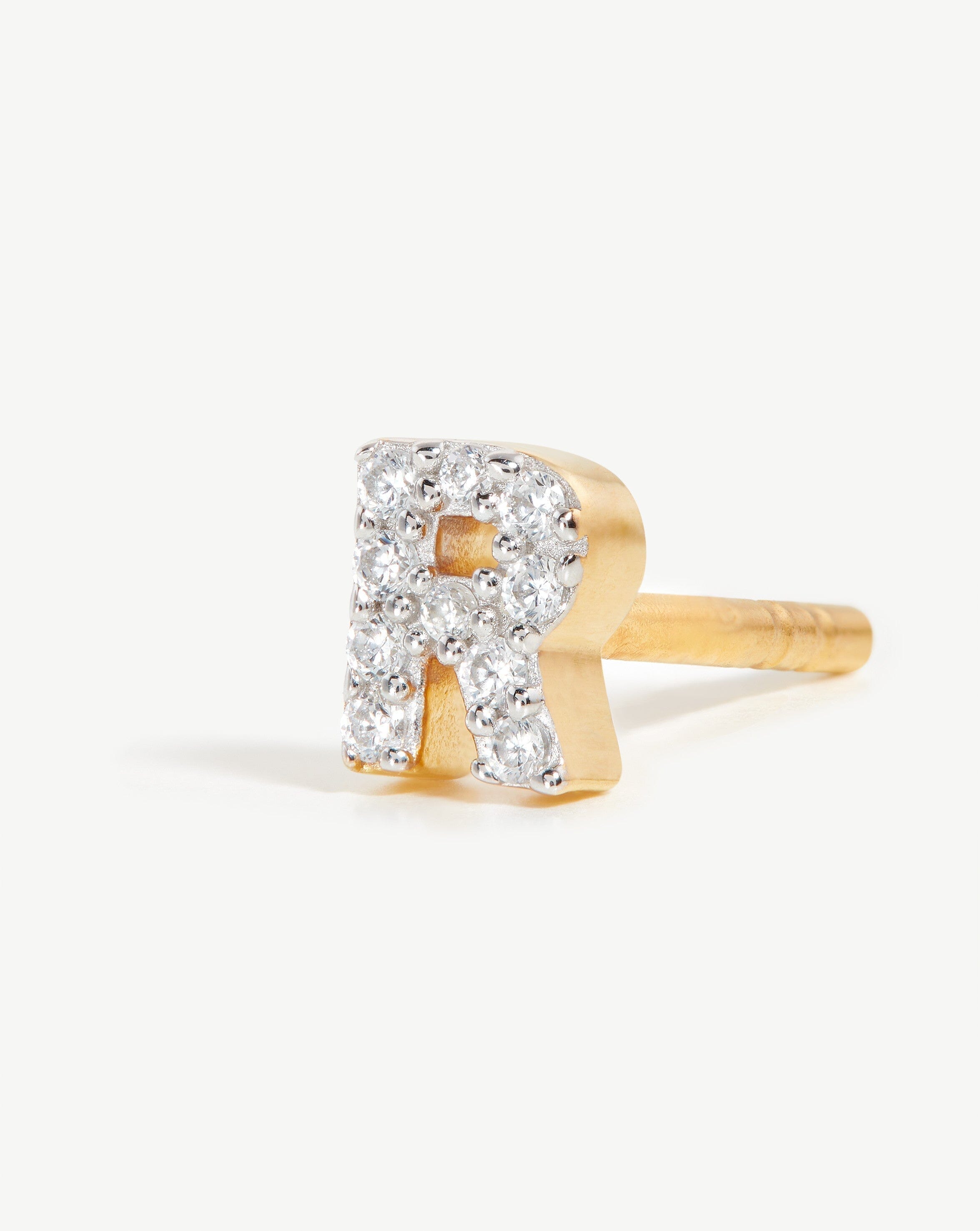 Pave Initial Stud Earring in 18k Gold Vermeil & Cubic Zirconia | R Letter