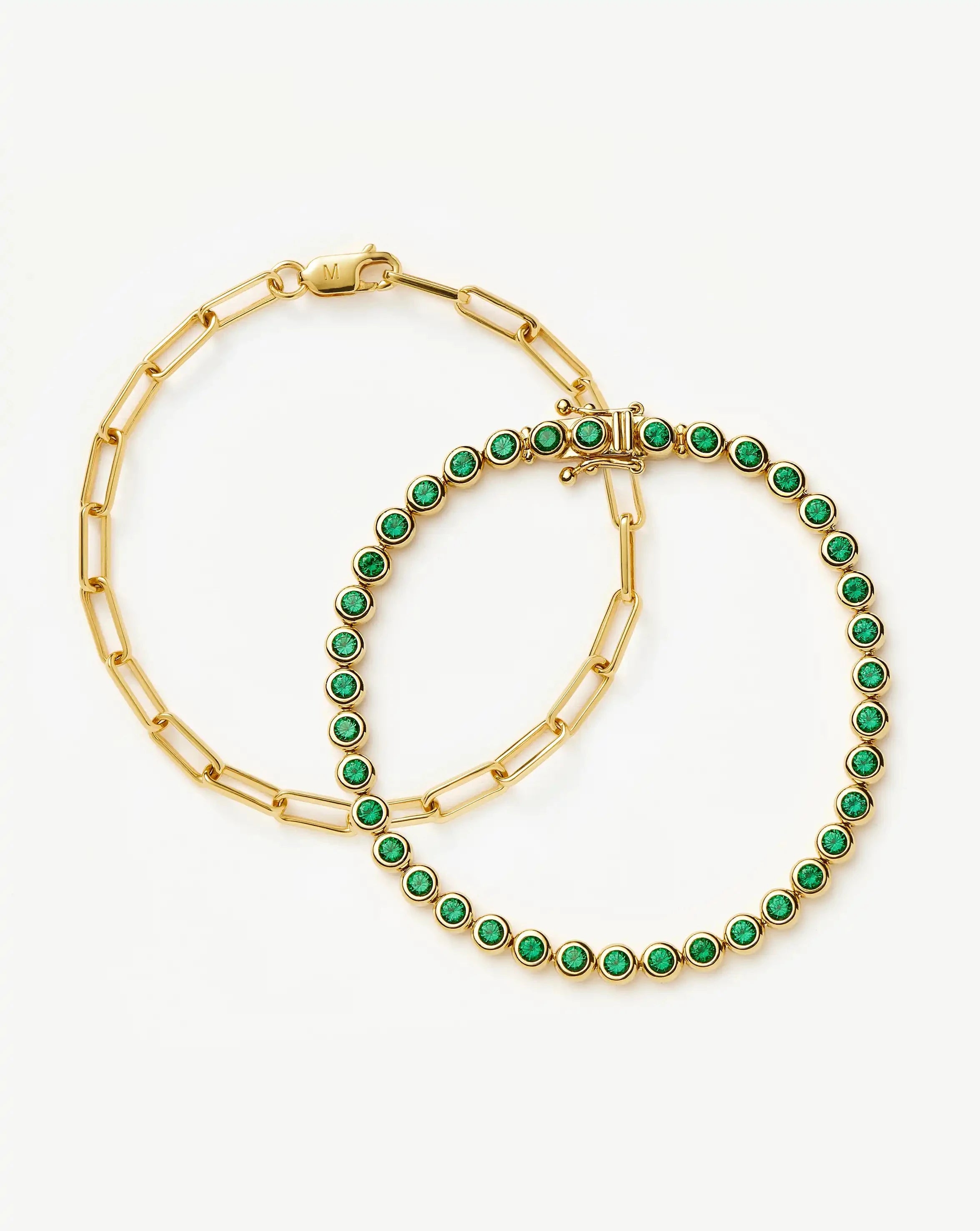 Emerald Green Tennis & Paperclip Bracelet Set | 18k Gold Plated/Vermeil