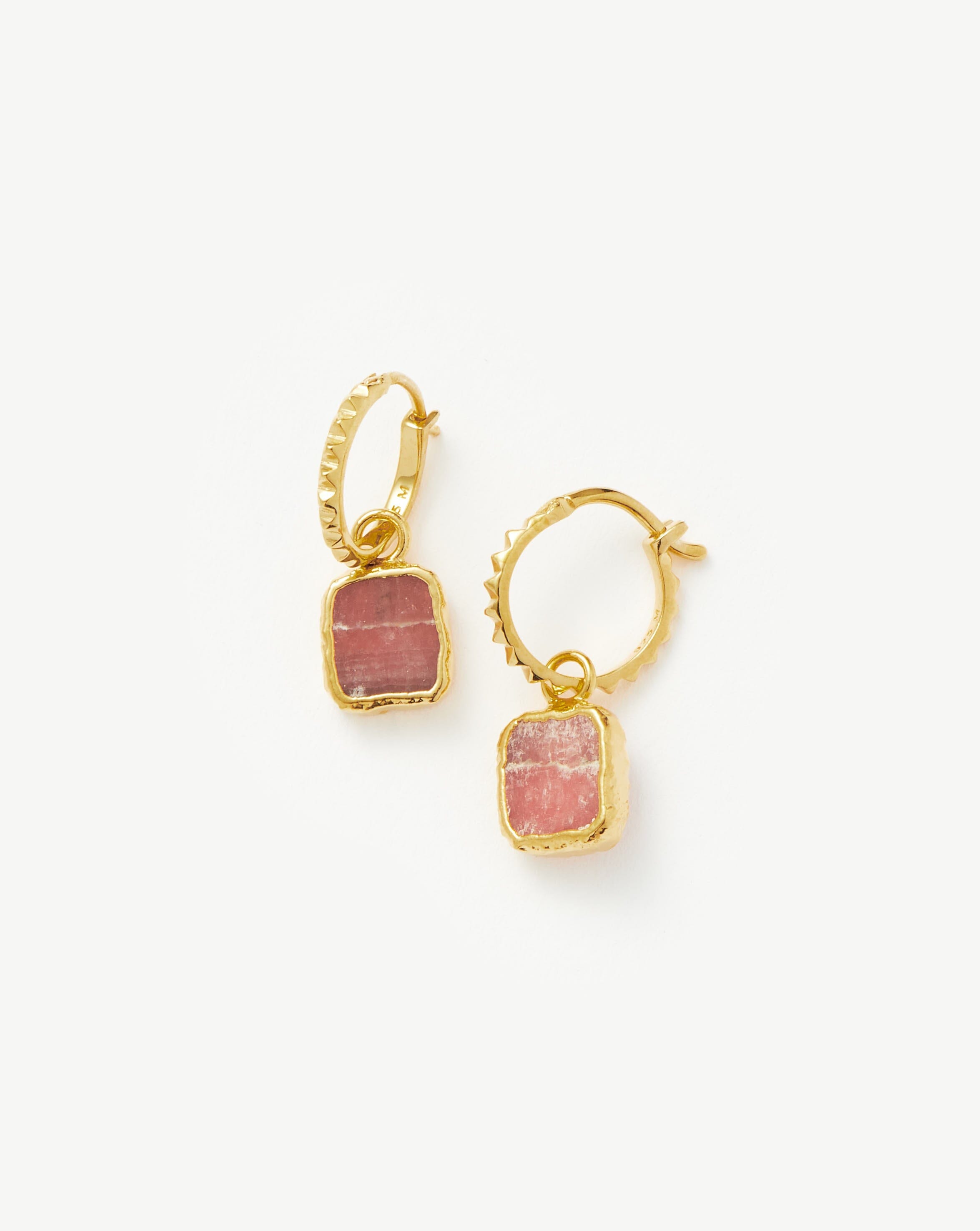Mini Hoop Earrings with Pyramid Charm & Rhodochrosite | 18k Gold Vermeil