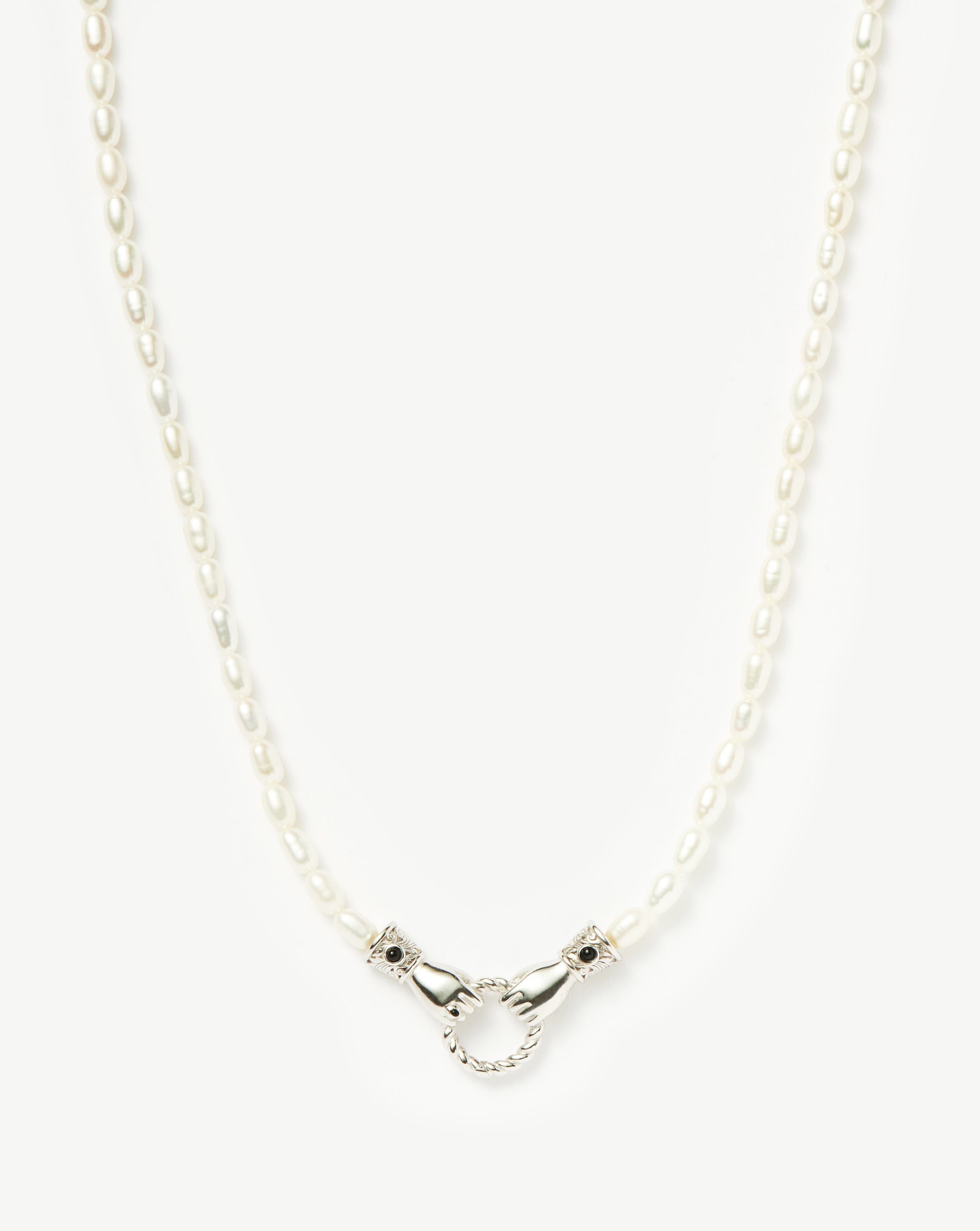 Pearl & Black Onyx Necklace with Silver Plated Hands Pendant | Harris Reed
