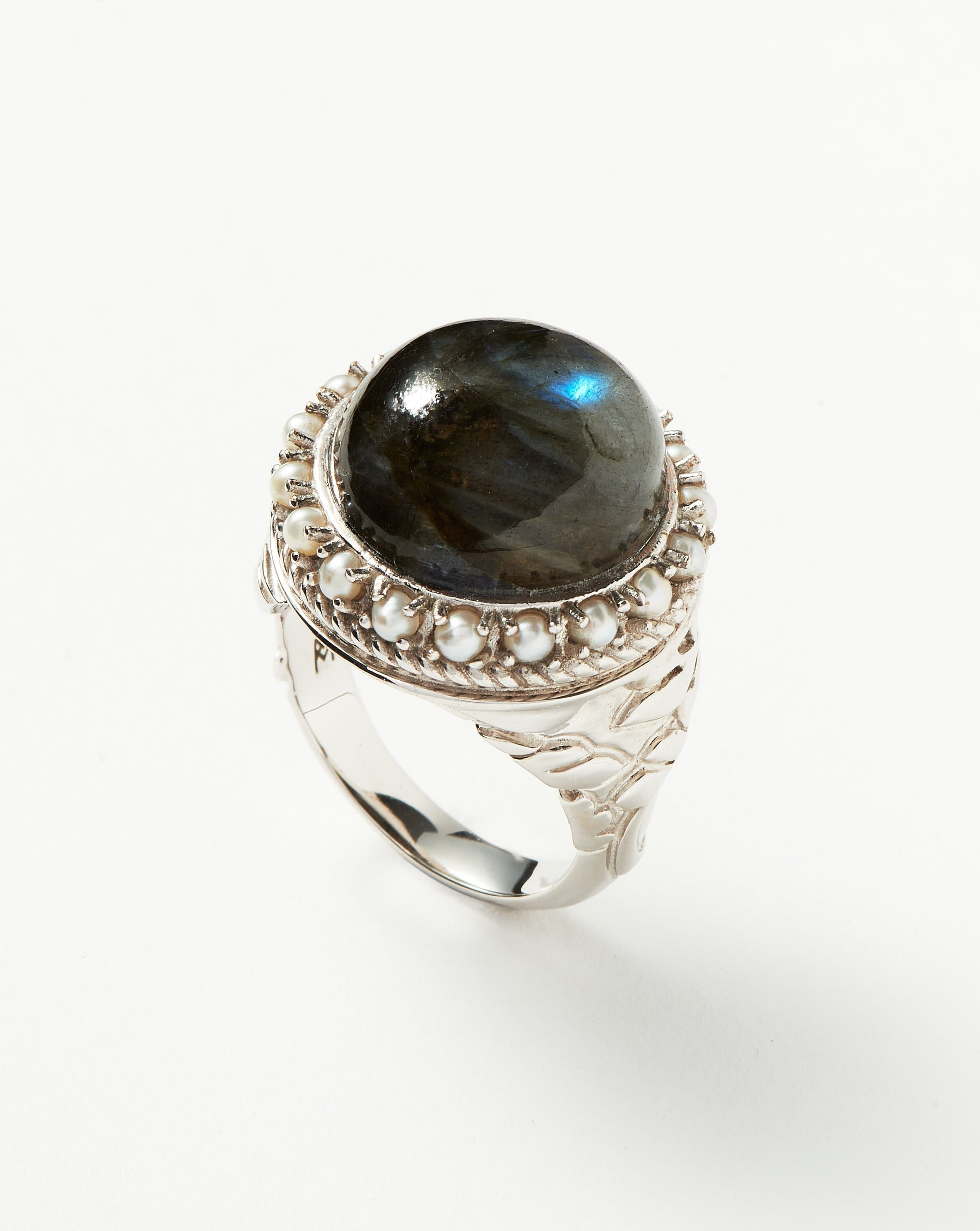 Labradorite & Pearl Cocktail Ring | Silver Plated Statement Jewelry | Harris Reed