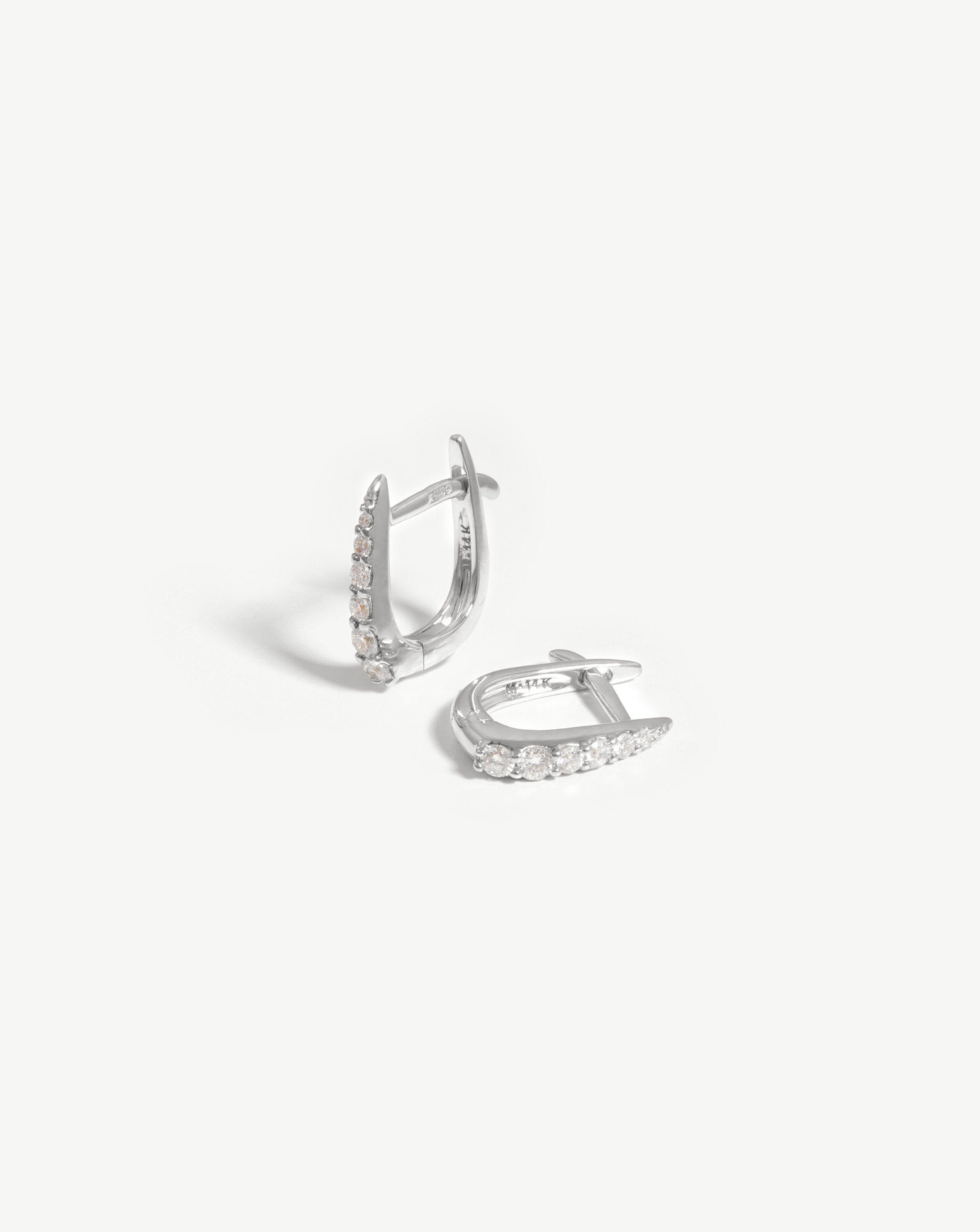 14k White Gold Diamond Huggie Earrings for Small Lobes | Recycled Gold