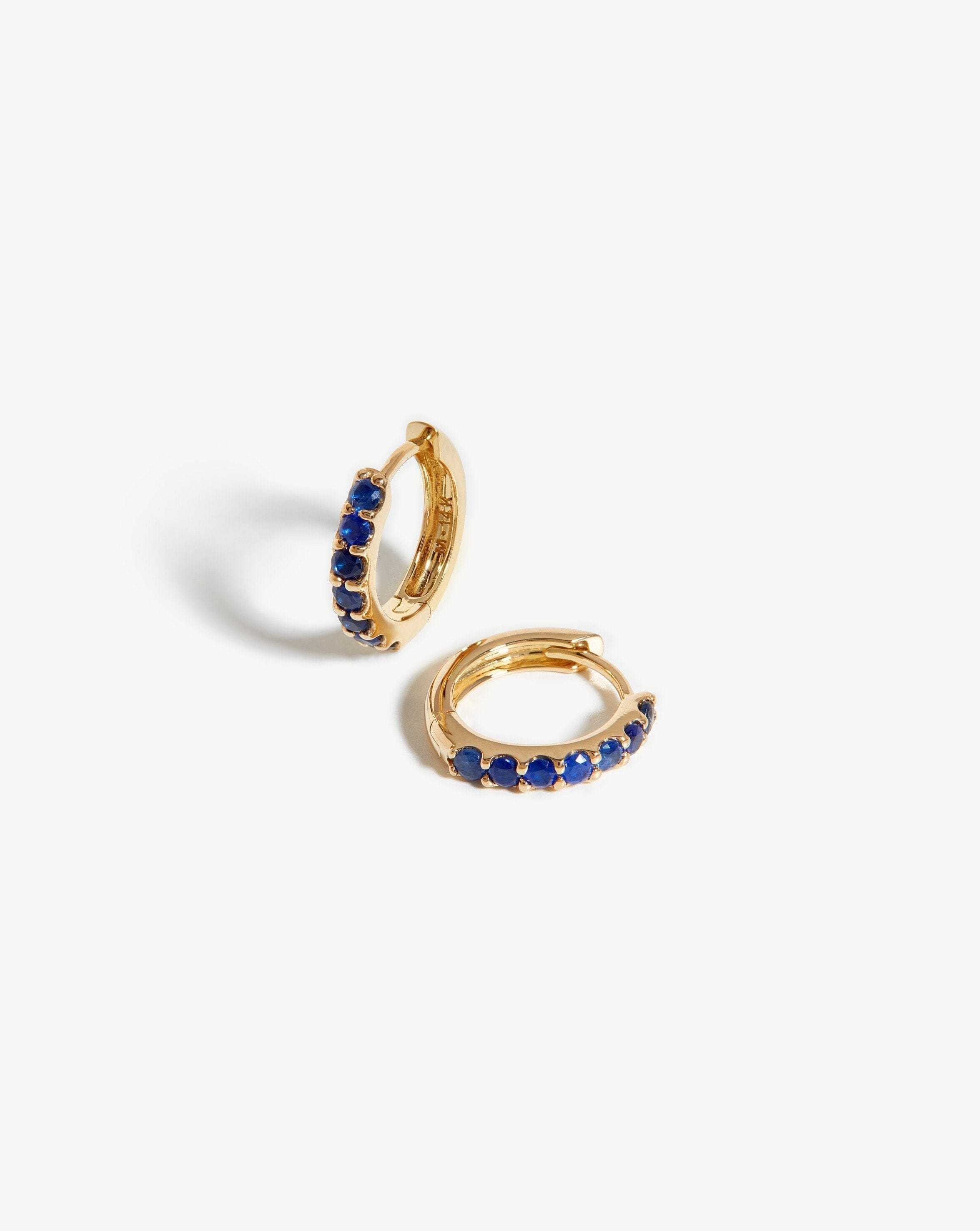 Blue Sapphire Huggie Hoop Earrings in 14K Recycled Gold | September Birthstone