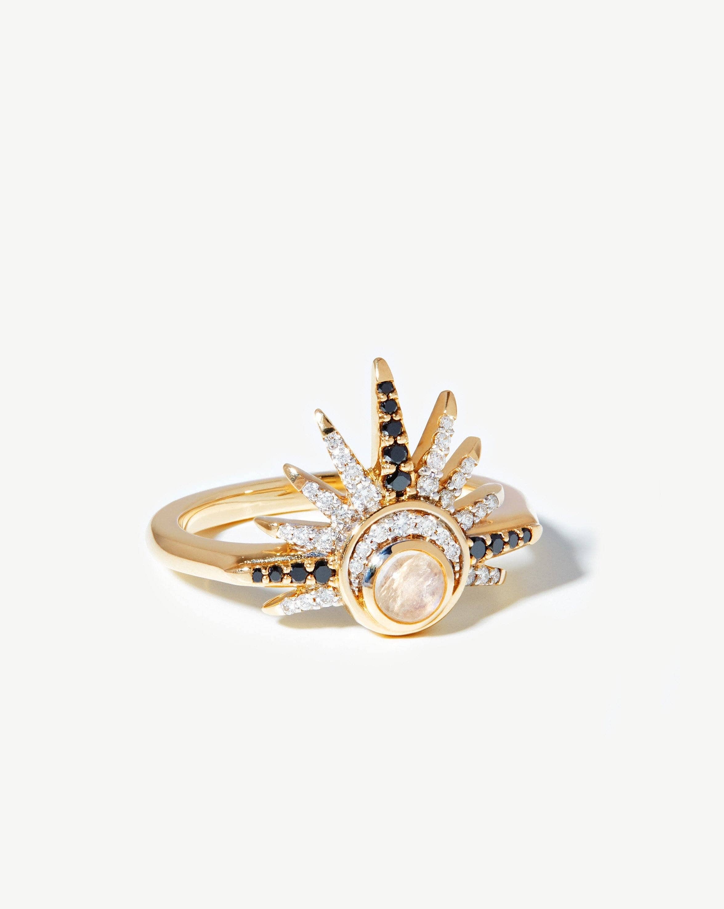 14k Gold Celestial Ring with Rainbow Moonstone & Diamonds | Harris Reed
