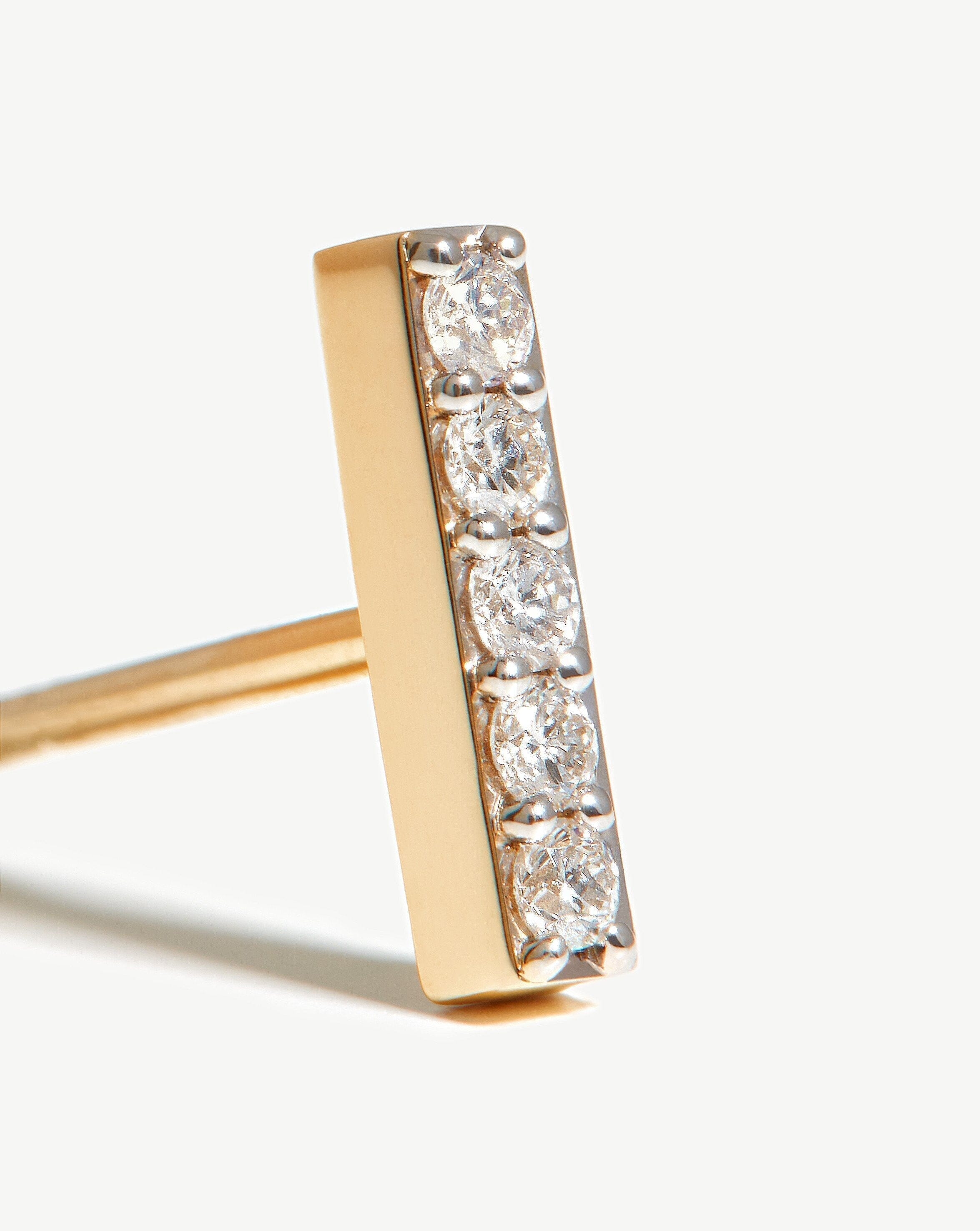 Diamond Bar Stud Earrings in 14k Yellow Gold | Flat Back Labret