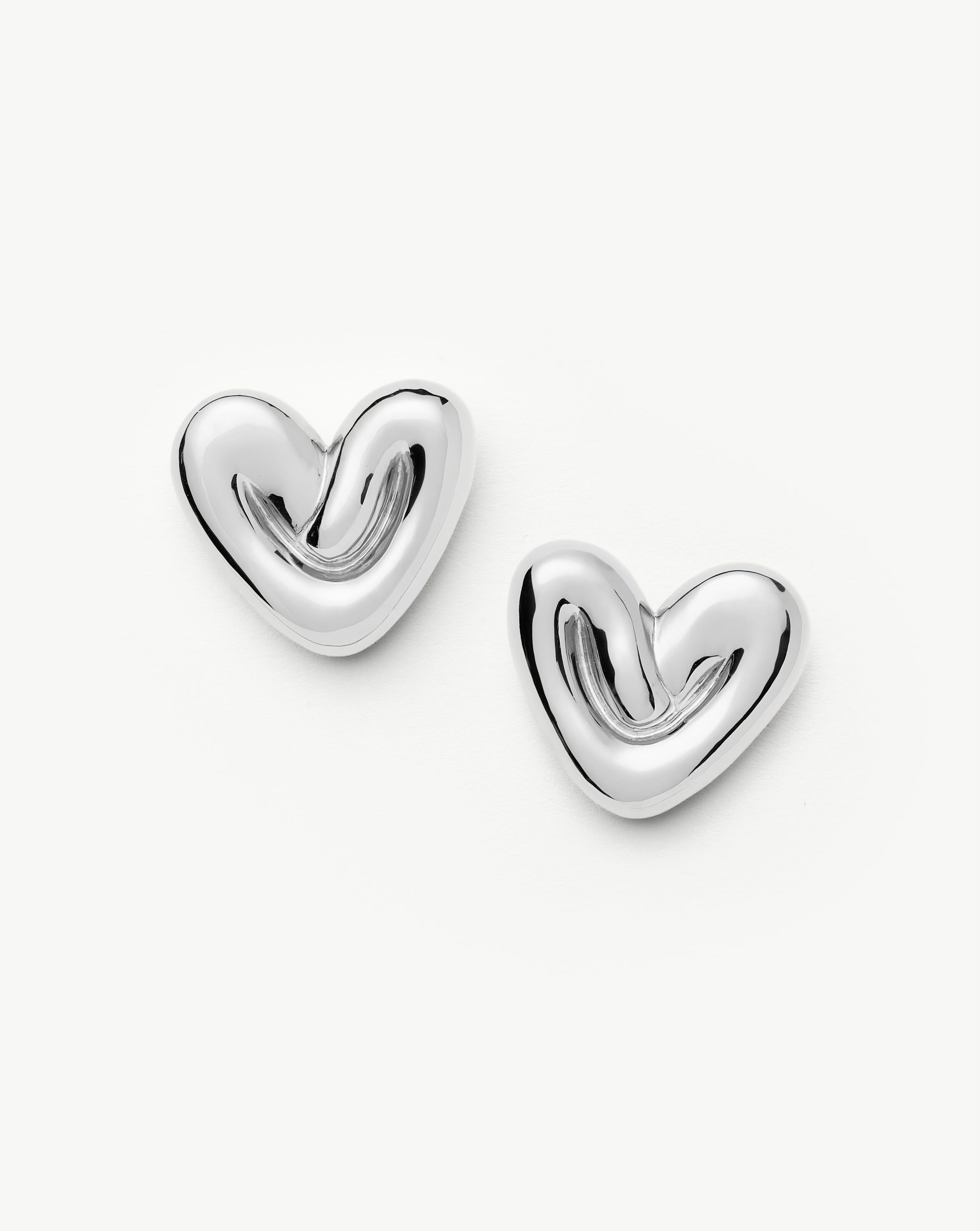 Oversized Puffy Heart Stud Earrings | Silver Plated Statement Jewelry
