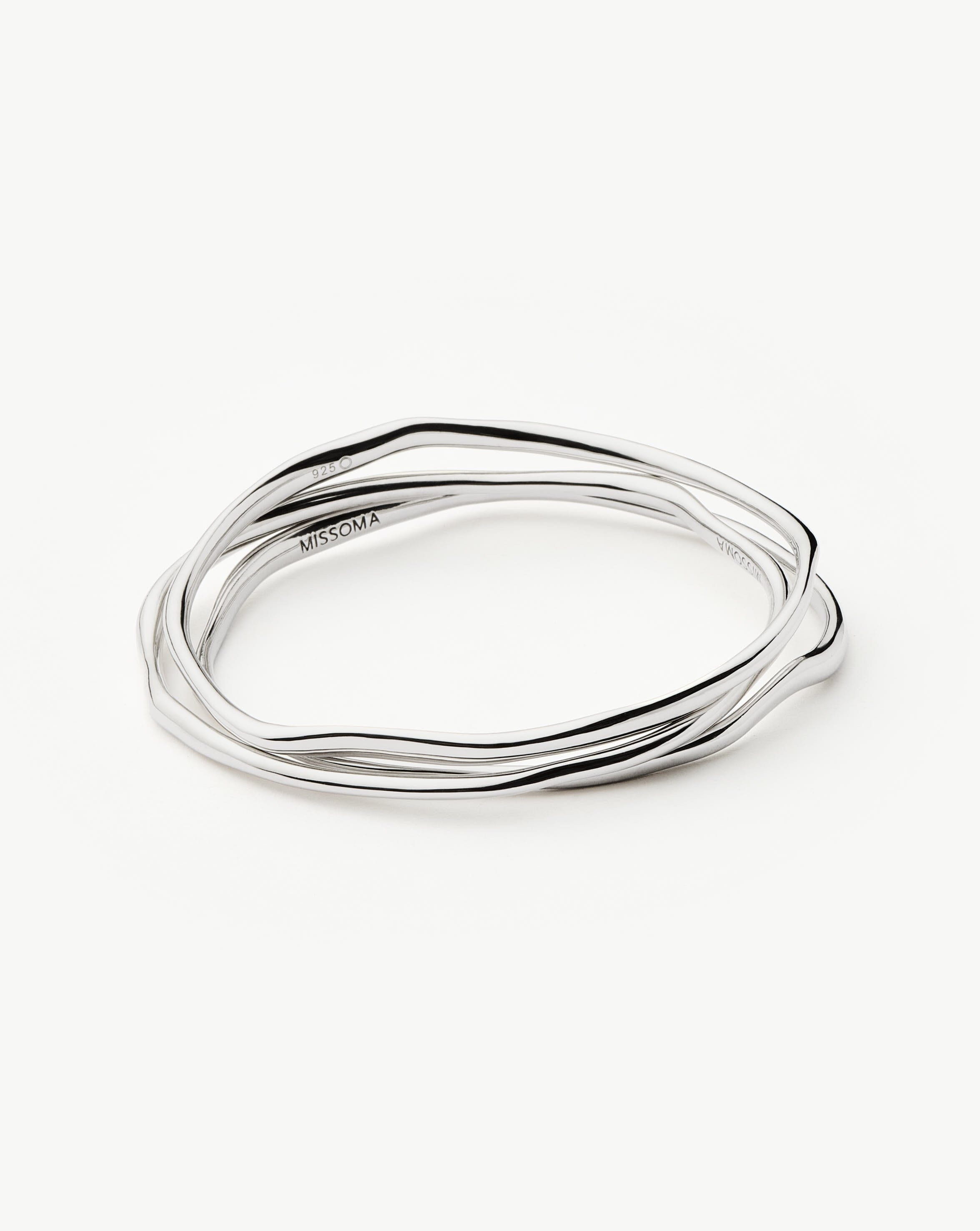 Sterling Silver Molten Ripple Bangle Bracelet Set | Trio Stackable