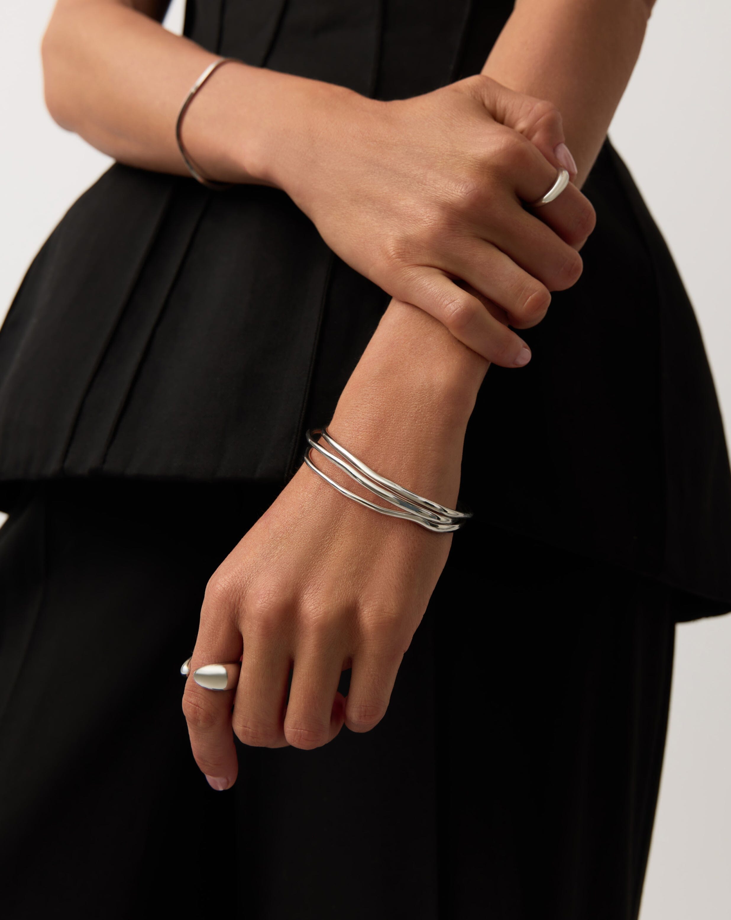 Sterling Silver Molten Ripple Bangle Bracelet Set | Trio Stackable