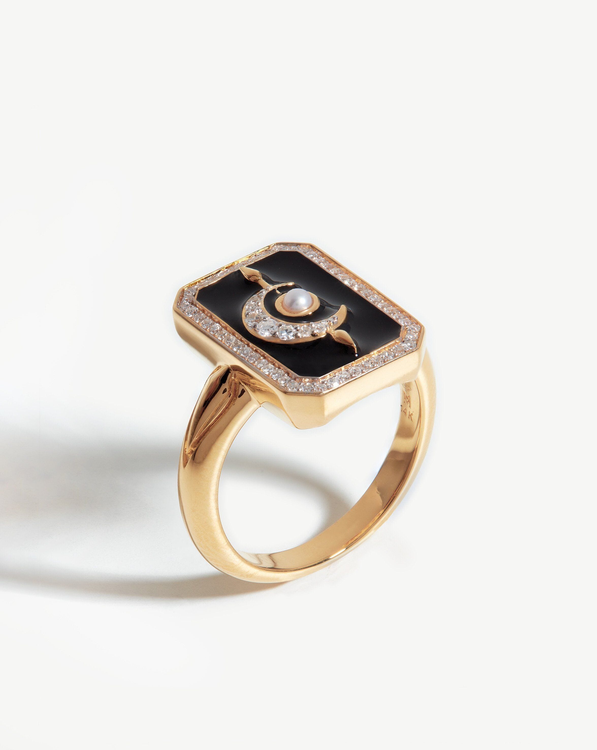 14k Gold Lunar Ring with Diamond & Black Enamel | Harris Reed