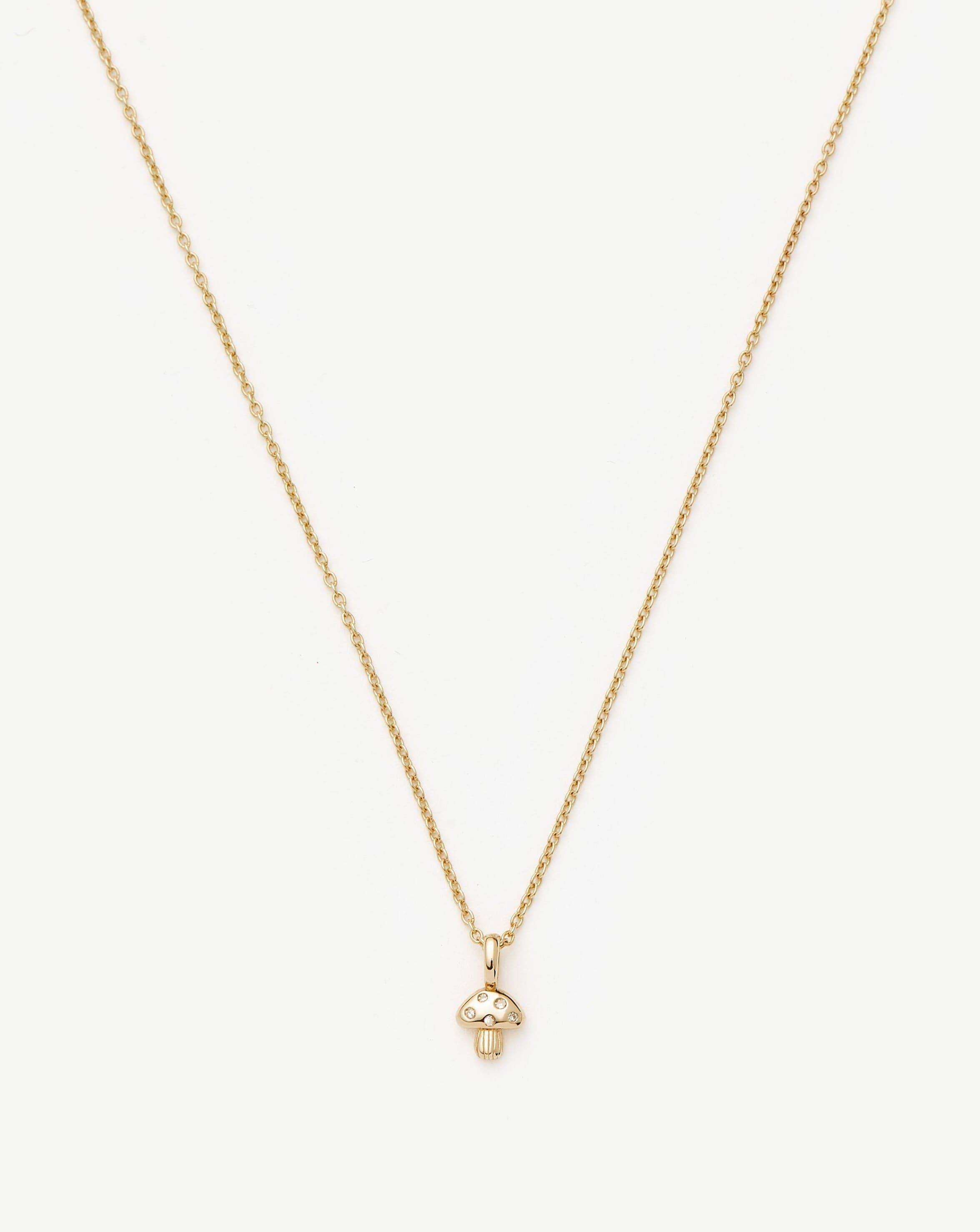 Mini Diamond Mushroom Pendant Necklace | 14k Solid Gold & Diamond