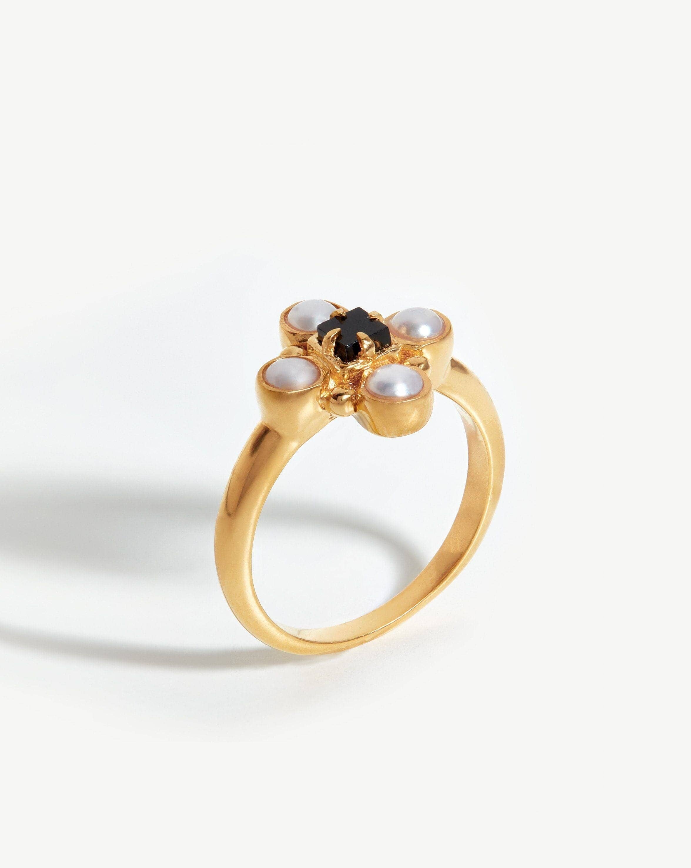 Pearl & Black Onyx Flower Ring in 18k Gold Vermeil | Harris Reed