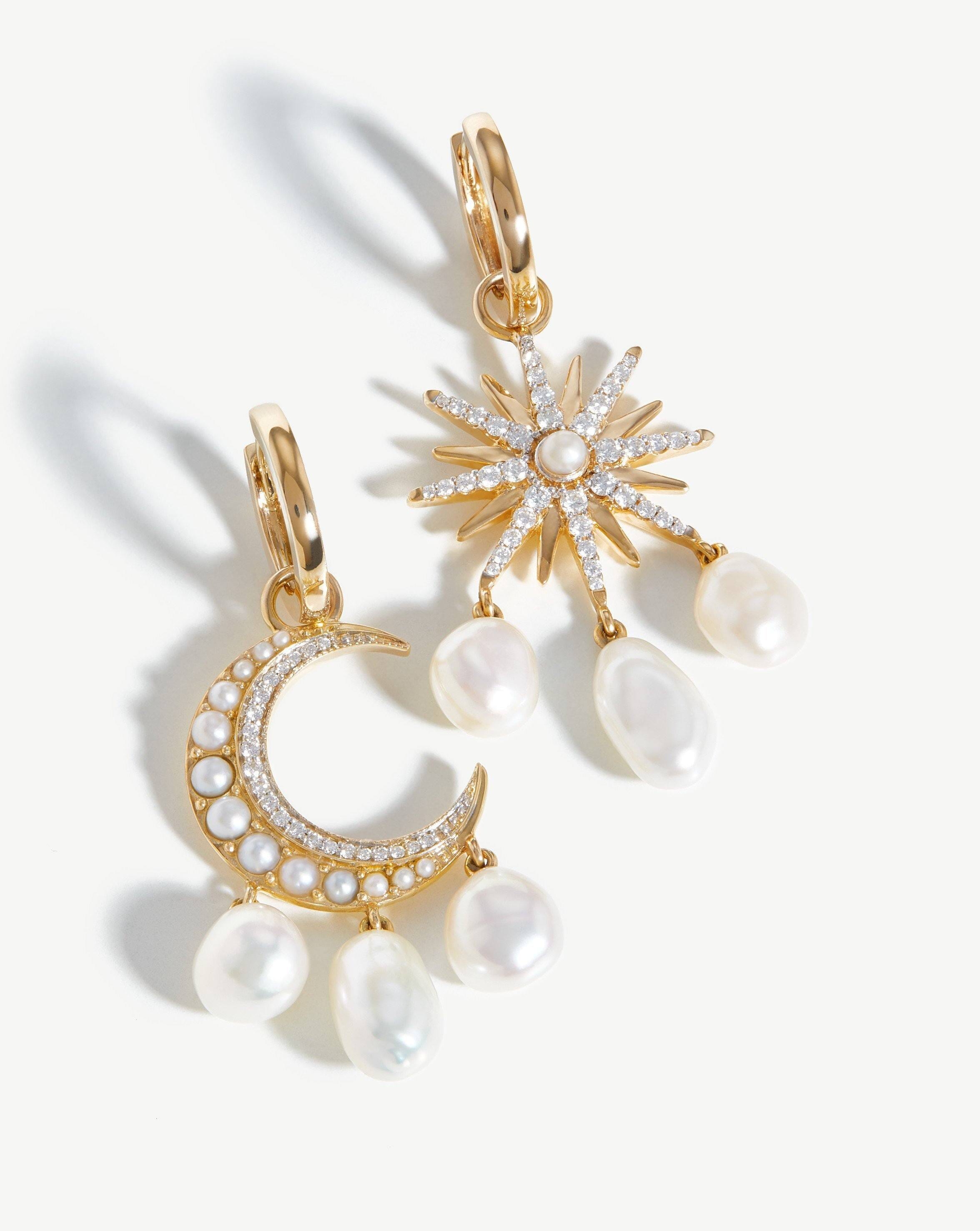 14k Gold Moon & Star Earrings with Pearls & Diamonds | Harris Reed