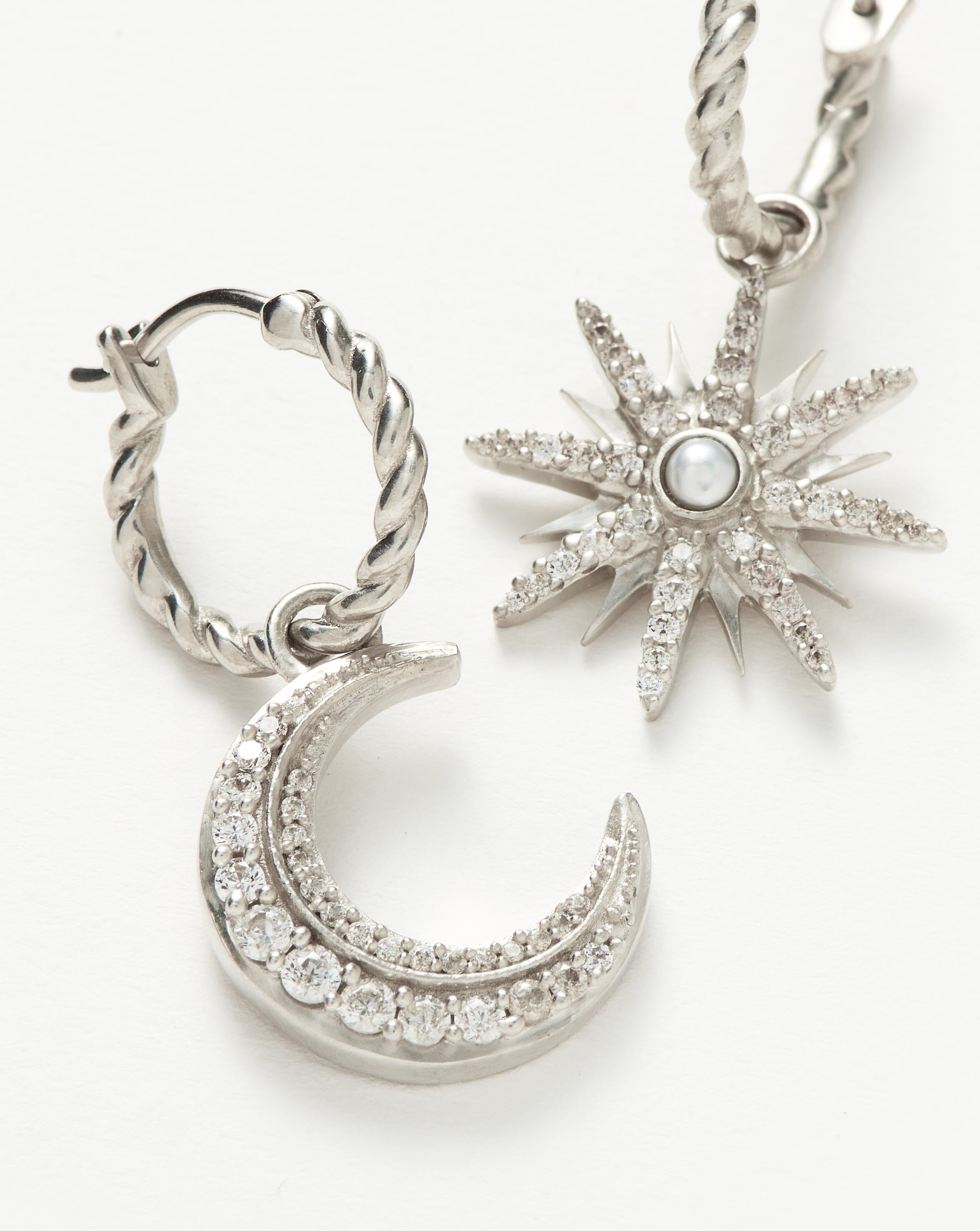 Moon & Star Pearl Hoop Earrings | Silver Plated with Cubic Zirconia | Harris Reed