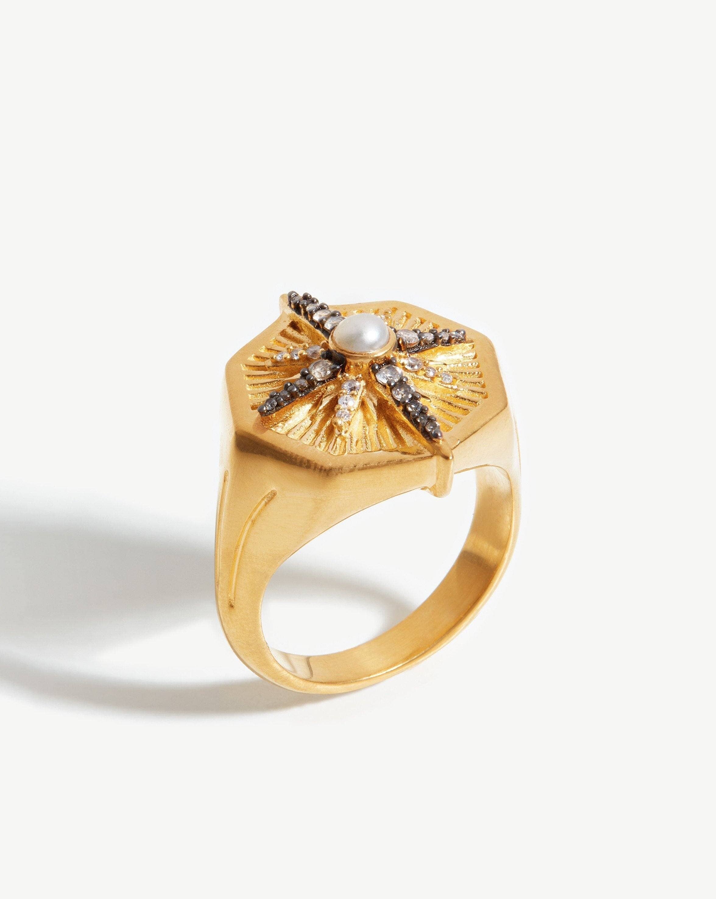 Octagonal Pearl & Cubic Zirconia Signet Ring | Harris Reed
