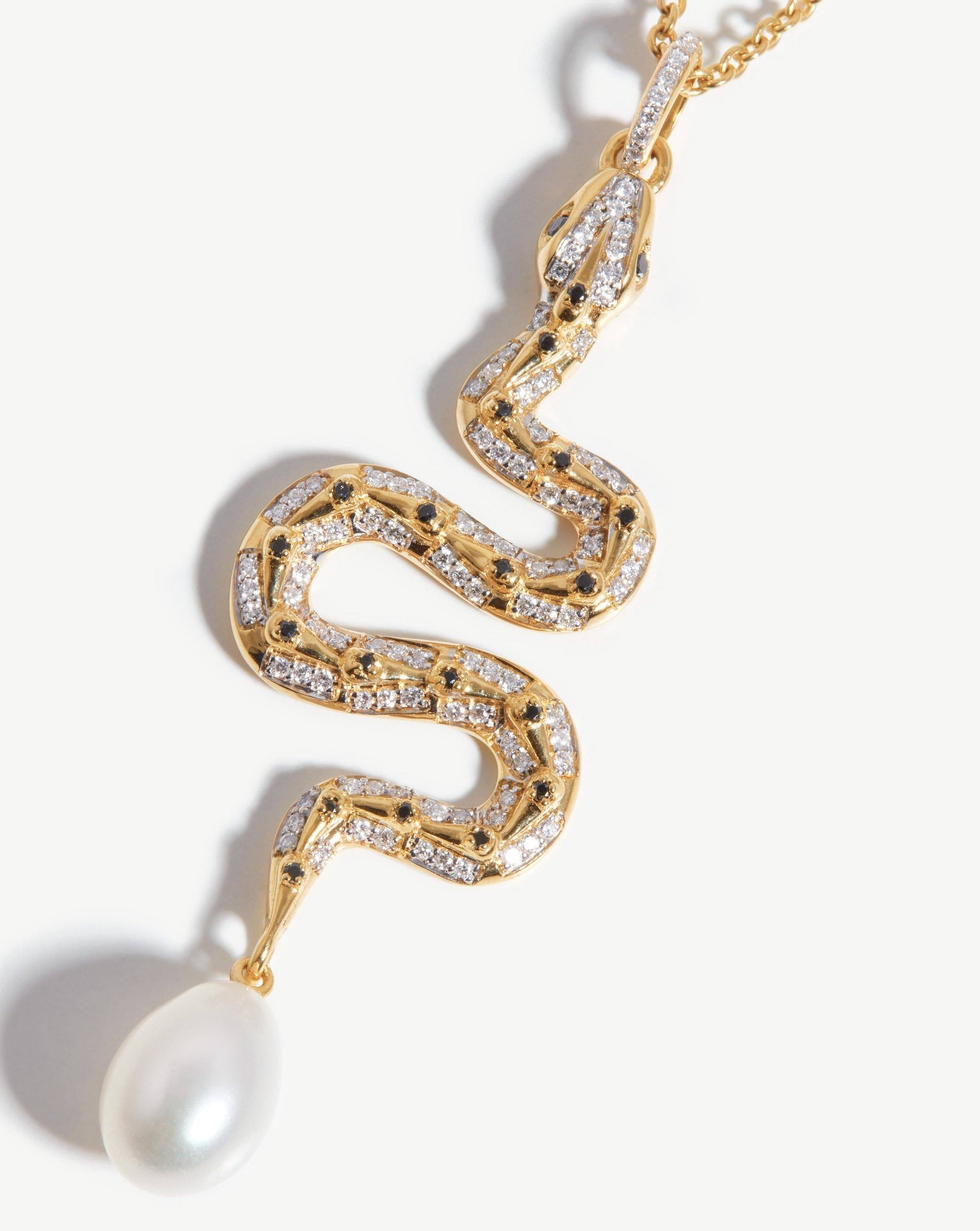 14k Gold Serpent Necklace with Pearl & Diamonds | Harris Reed