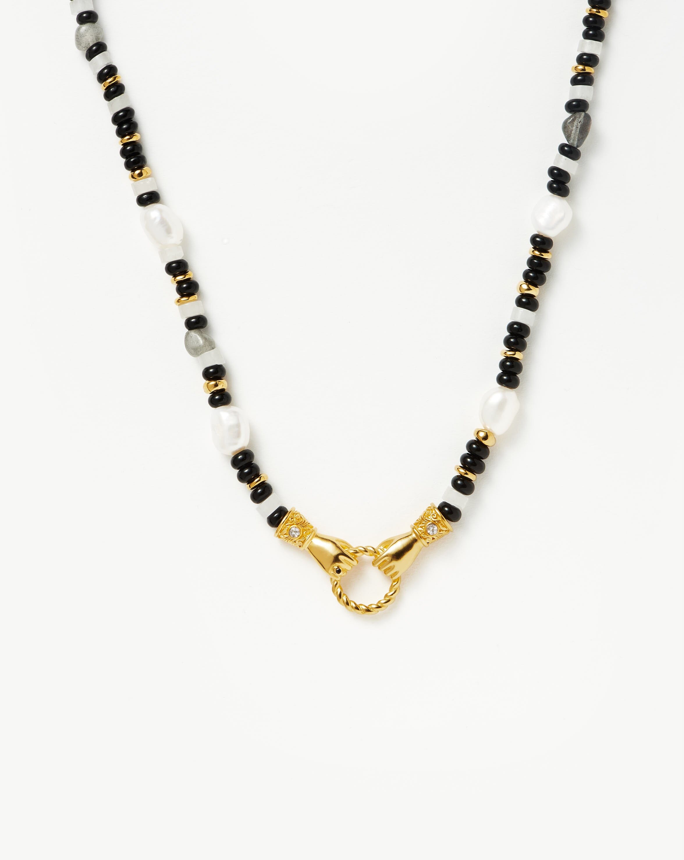 Beaded Gemstone Necklace with Black Chalcedony & Pearl | 18k Gold Plated