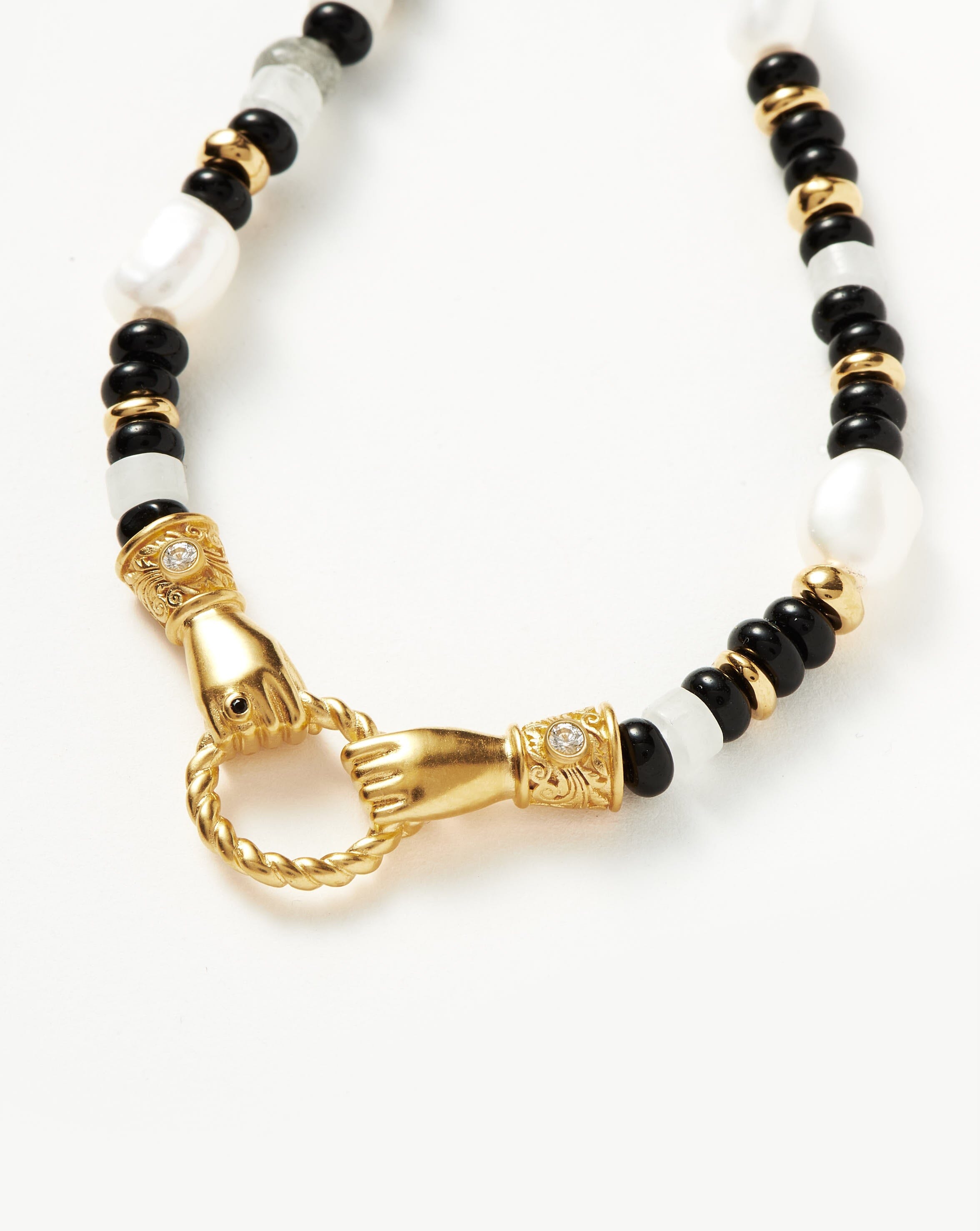 Beaded Gemstone Necklace with Black Chalcedony & Pearl | 18k Gold Plated