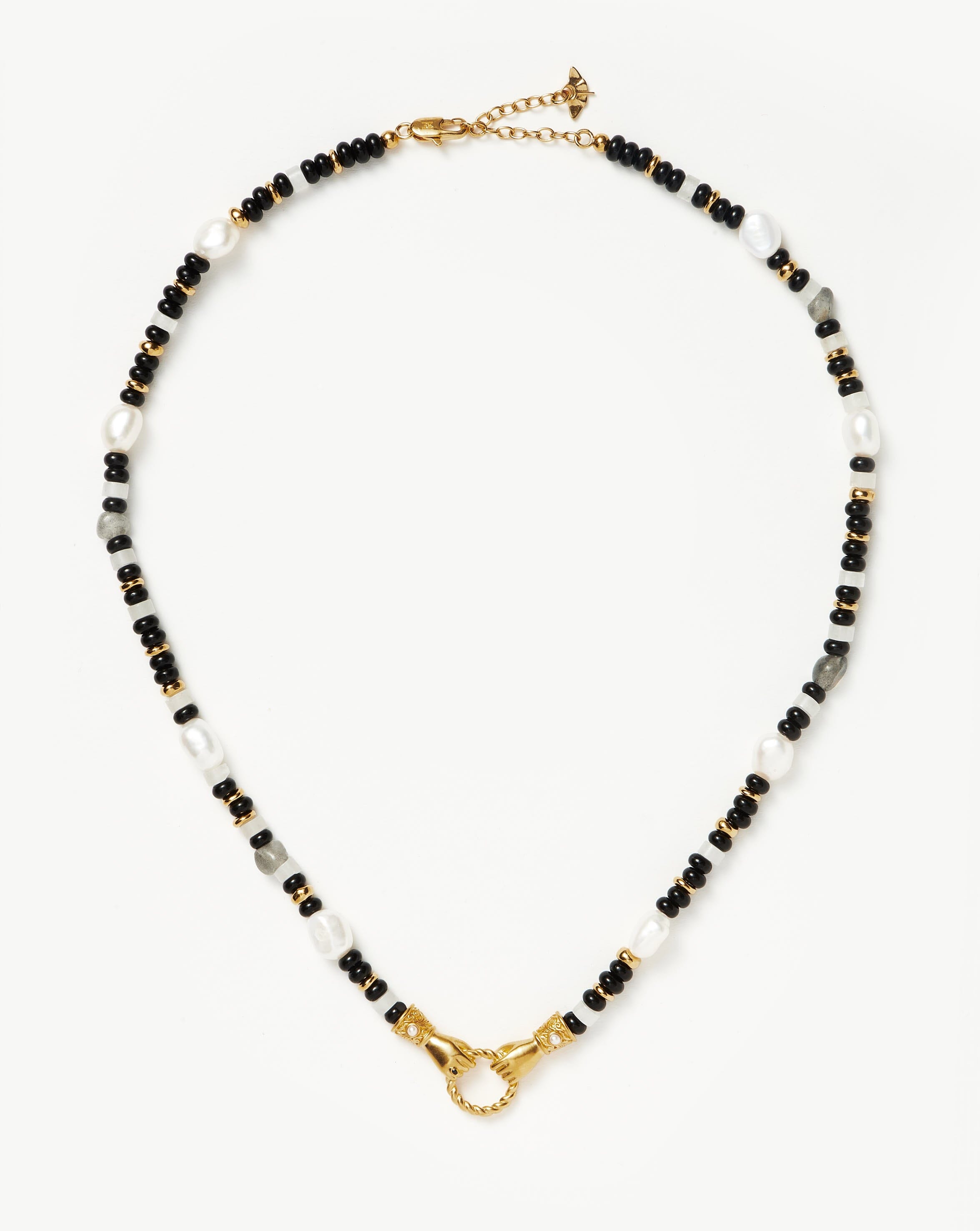 Beaded Gemstone Necklace with Black Chalcedony & Pearl | 18k Gold Plated