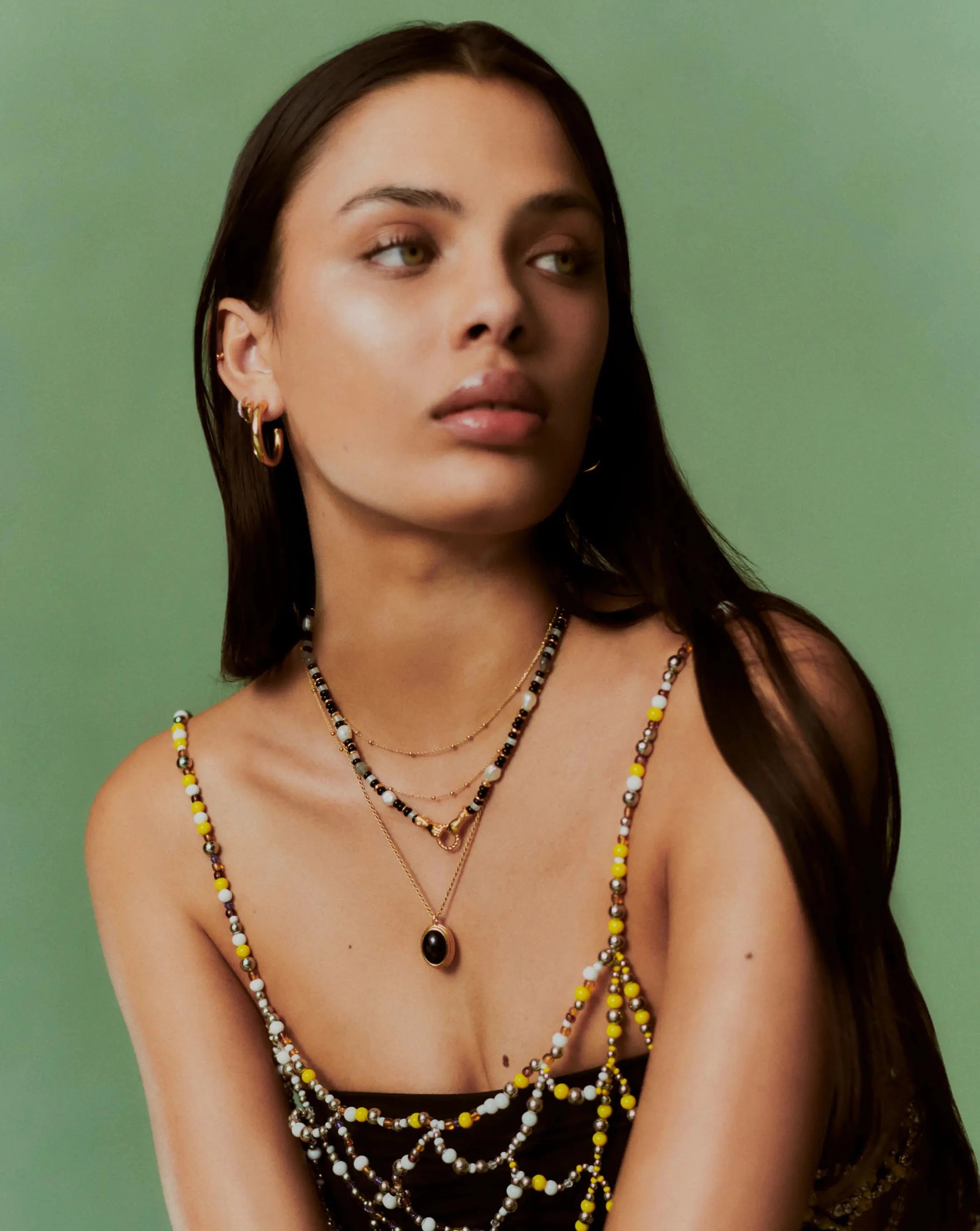 Beaded Gemstone Necklace with Black Chalcedony & Pearl | 18k Gold Plated