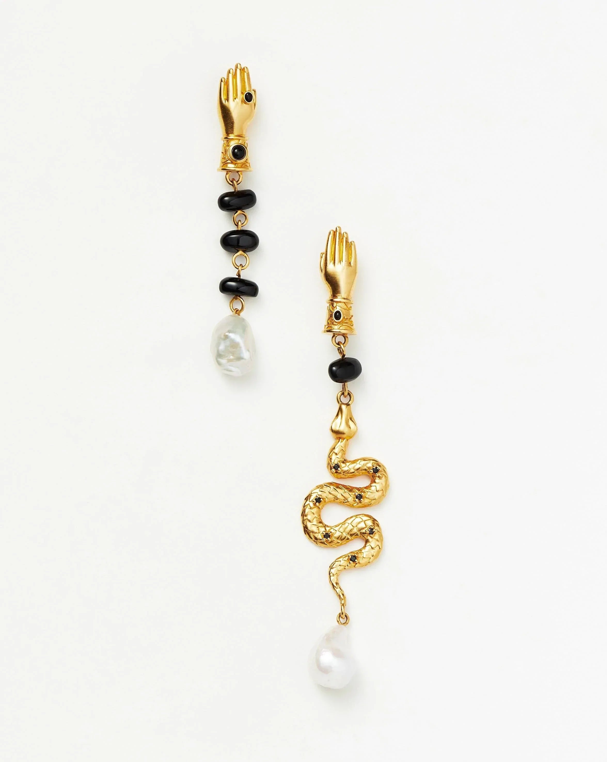 Serpent Mismatch Earrings in 18k Gold with Pearl & Onyx | Harris Reed
