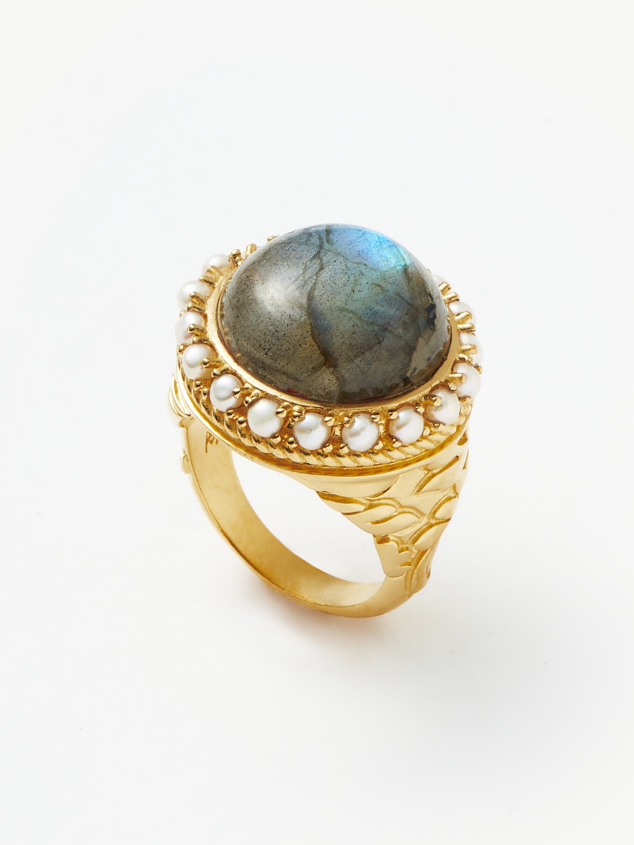 Labradorite Cocktail Ring with Pearl Accents | 18k Gold Plated - Harris Reed