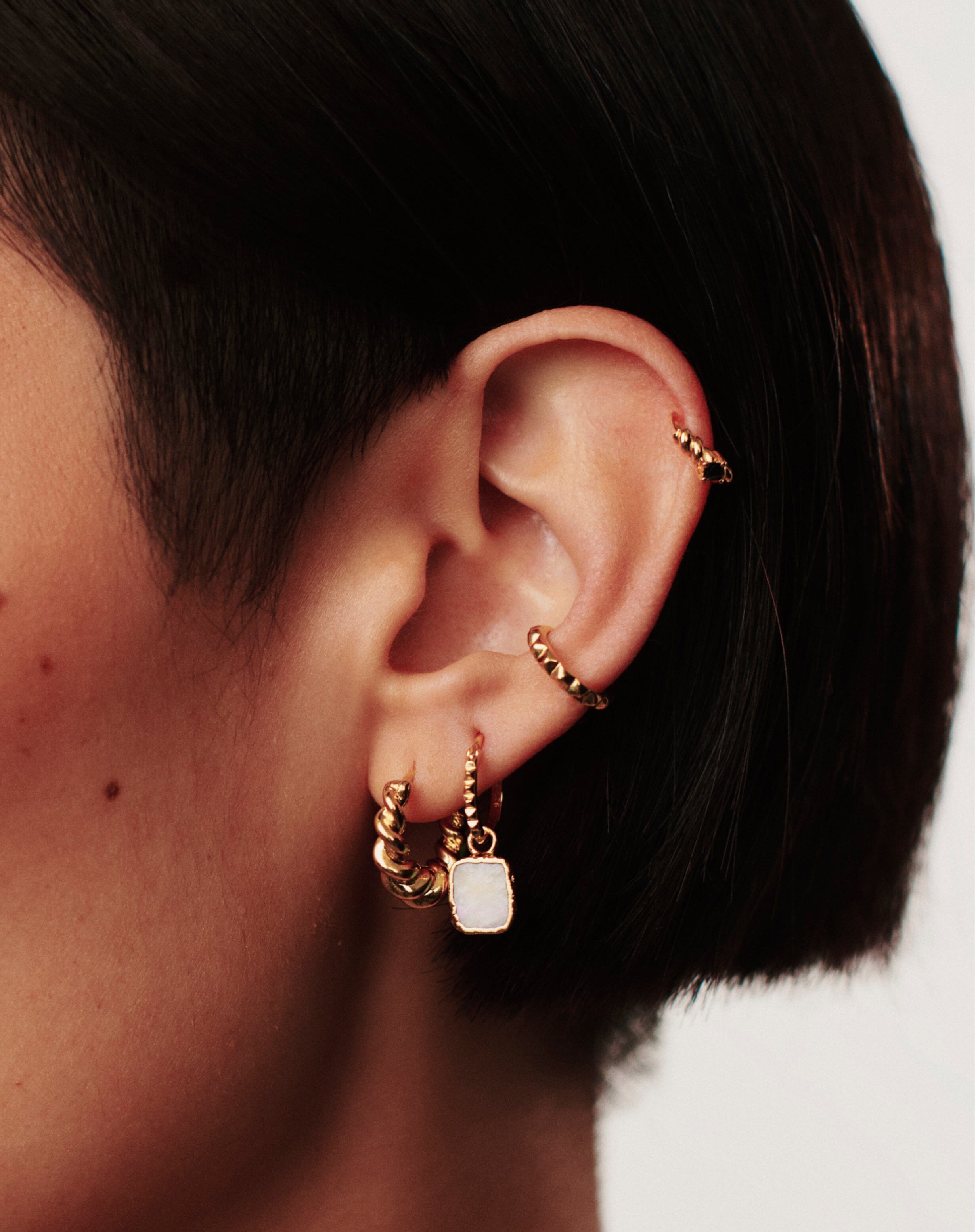 Mini Hoop Earrings with Pyramid Charm & Rainbow Moonstone | 18k Gold Vermeil