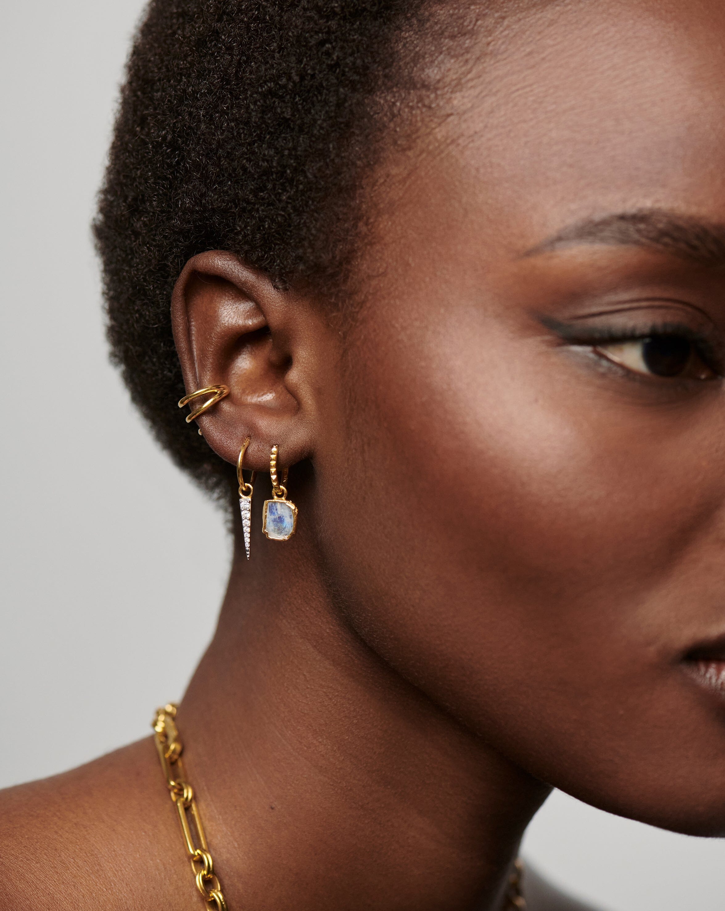 Mini Hoop Earrings with Pyramid Charm & Rainbow Moonstone | 18k Gold Vermeil
