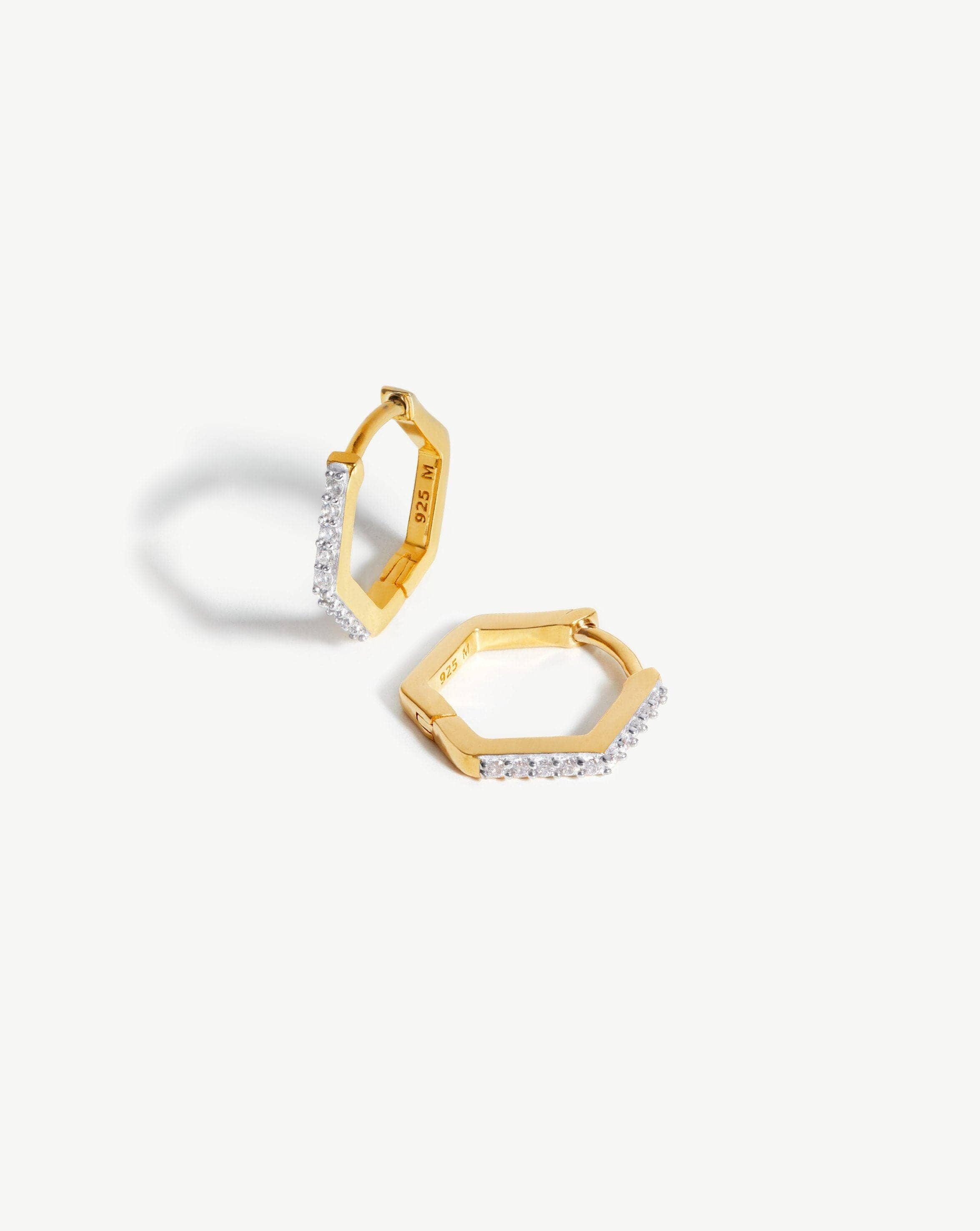 Hexagonal Pavé Huggie Hoop Earrings in 18k Gold Vermeil | Sterling Silver