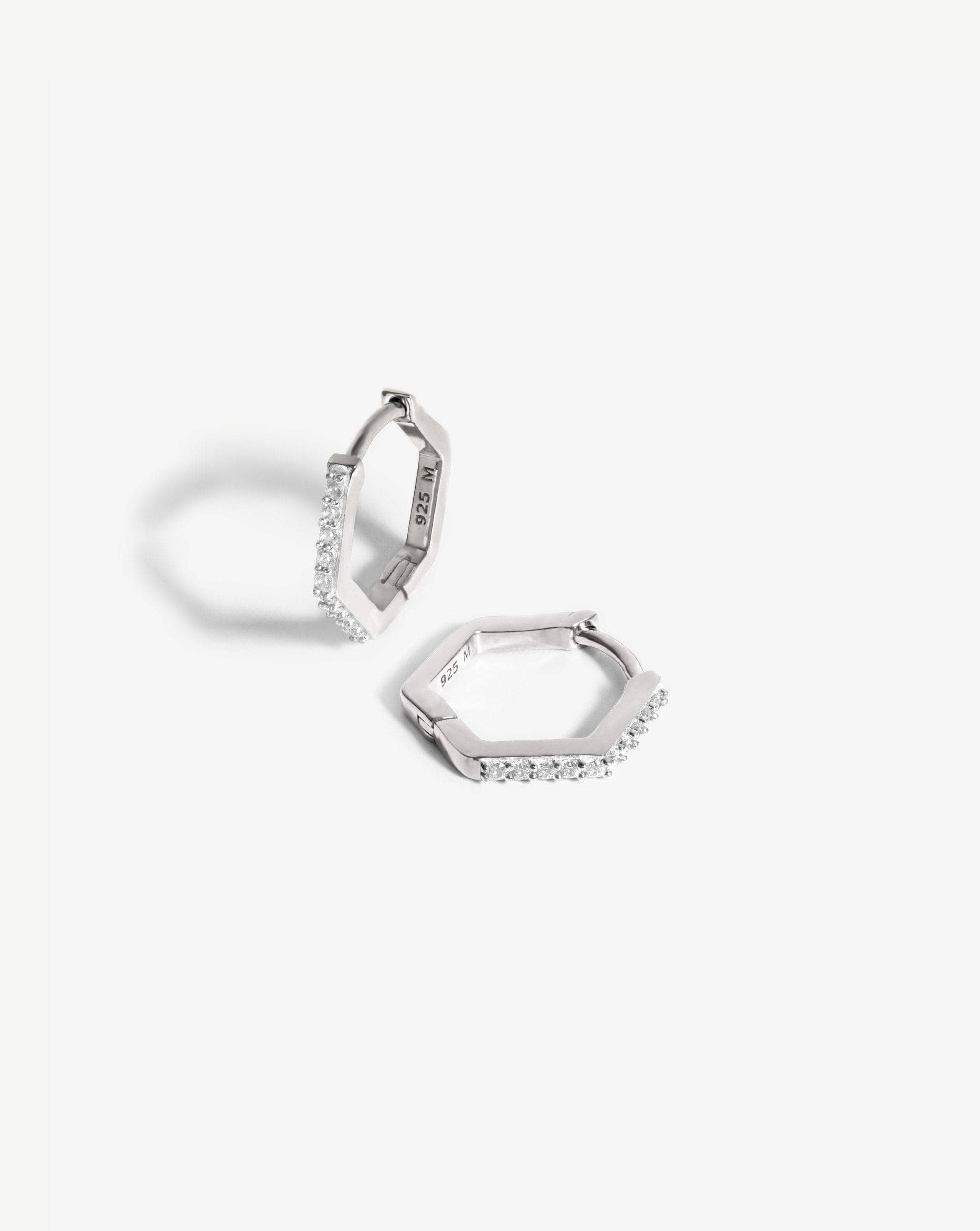 Hexagonal Pavé Huggie Hoop Earrings in 18k Gold Vermeil | Sterling Silver