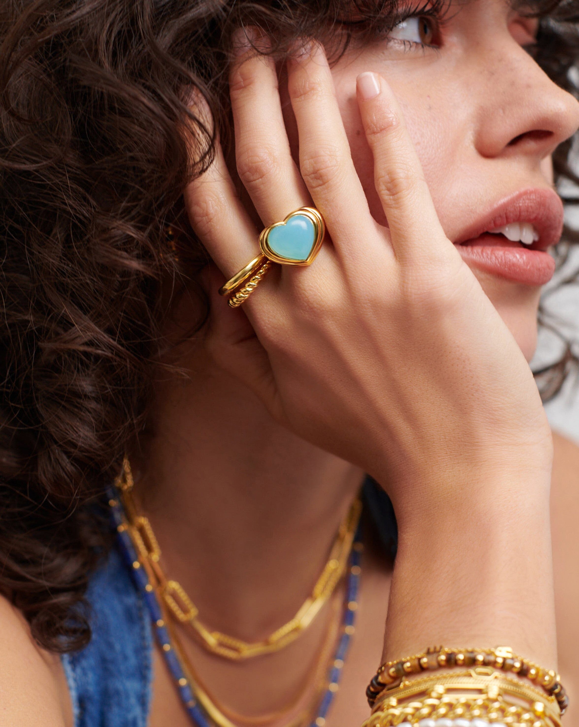 Jelly Heart Gemstone Ring in 18k Gold Plated & Aqua Chalcedony | Harmony Stone
