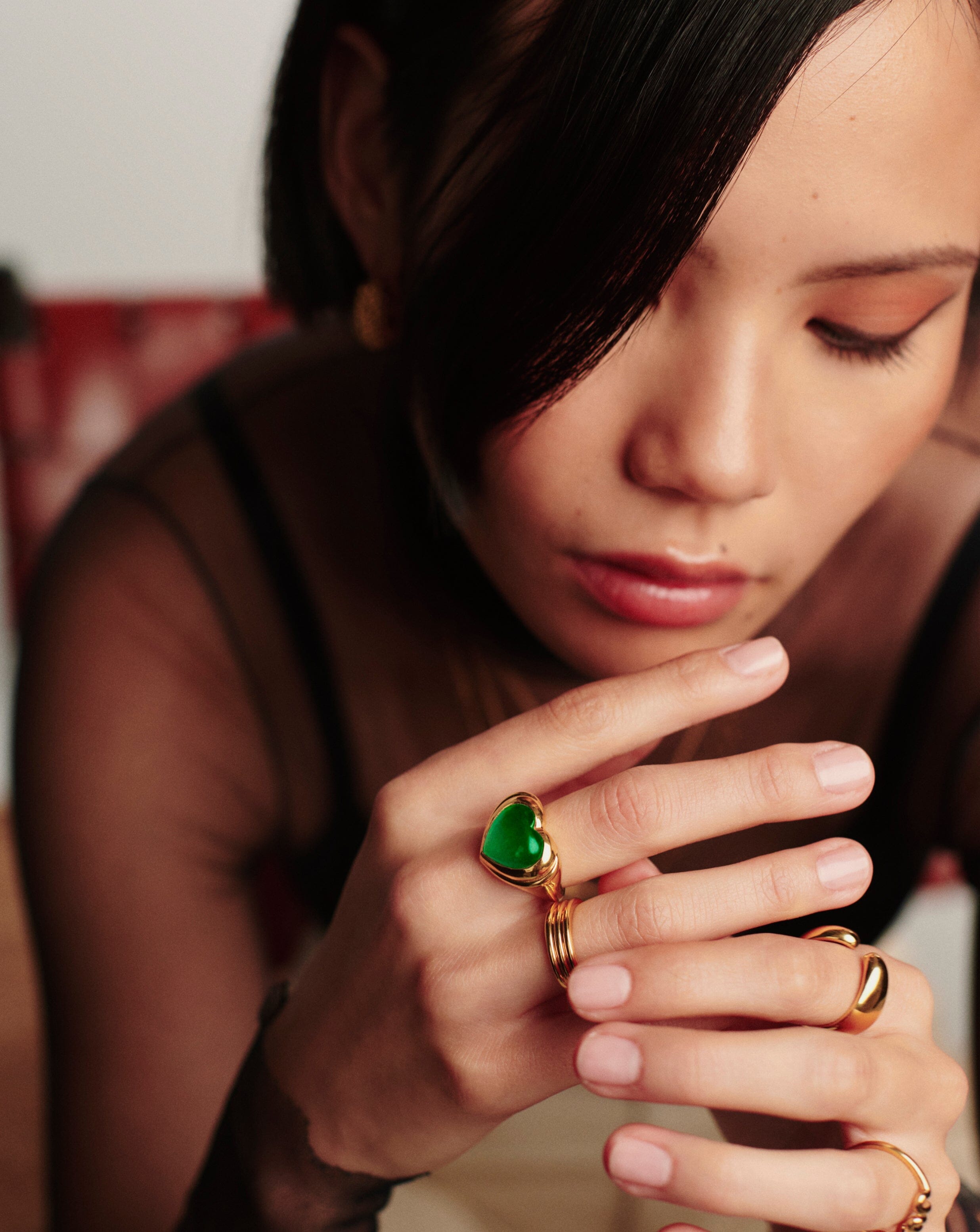 Chunky Jelly Heart Ring | 18k Gold Plated & Green Chalcedony