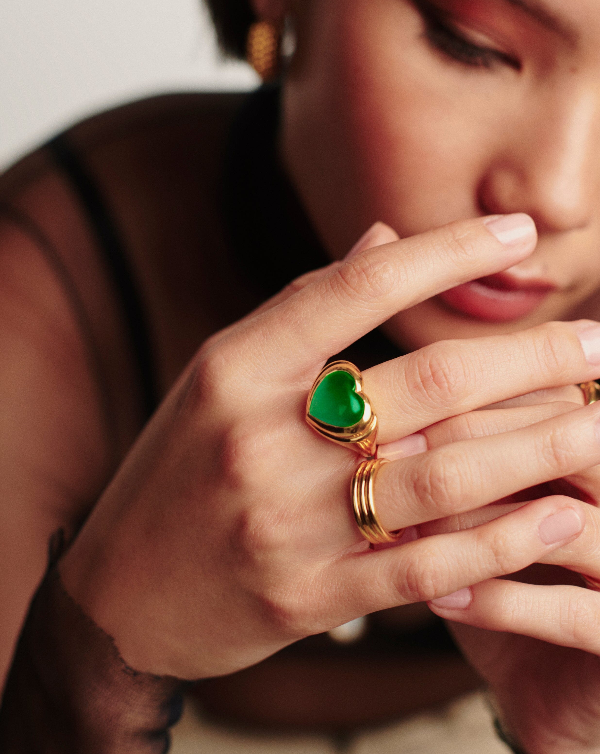 Chunky Jelly Heart Ring | 18k Gold Plated & Green Chalcedony