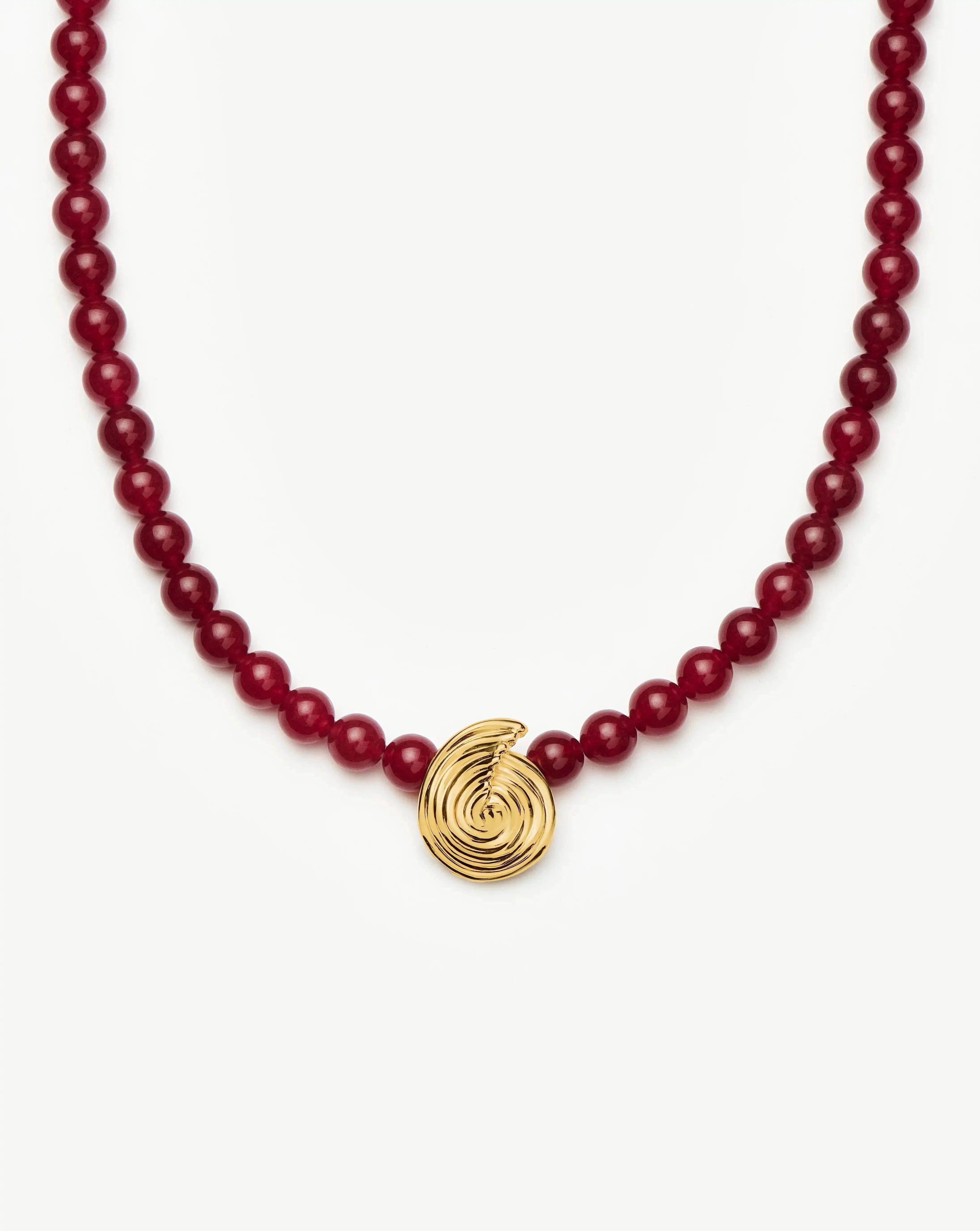 Dark Cherry Crystal Quartz Beaded Necklace | 18k Gold Spiral Pendant