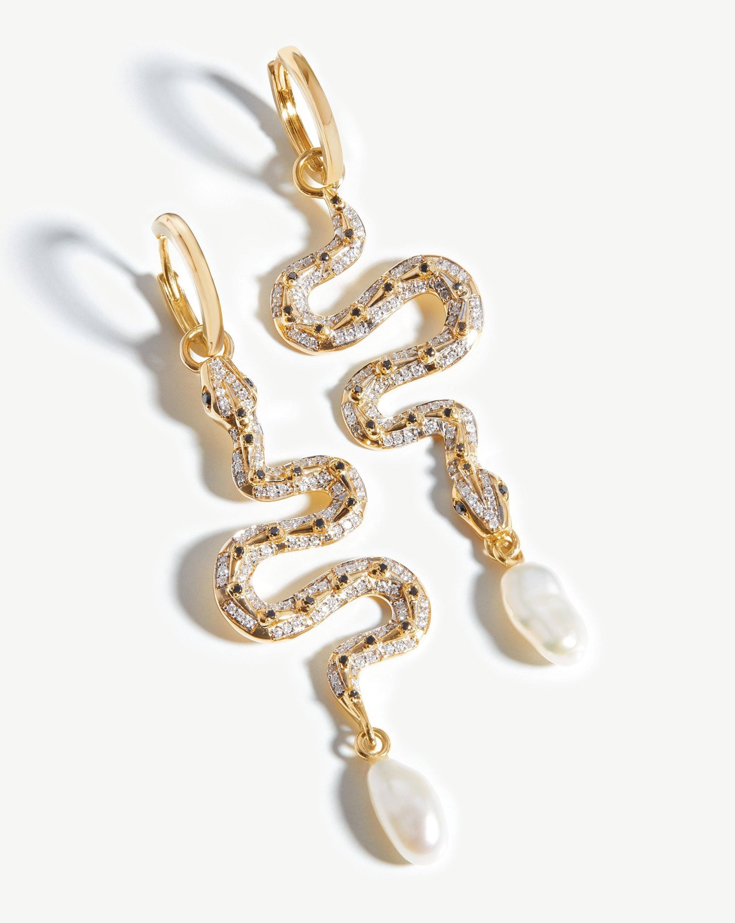 14k Gold Serpent Drop Earrings with Pearl & Diamonds | Harris Reed