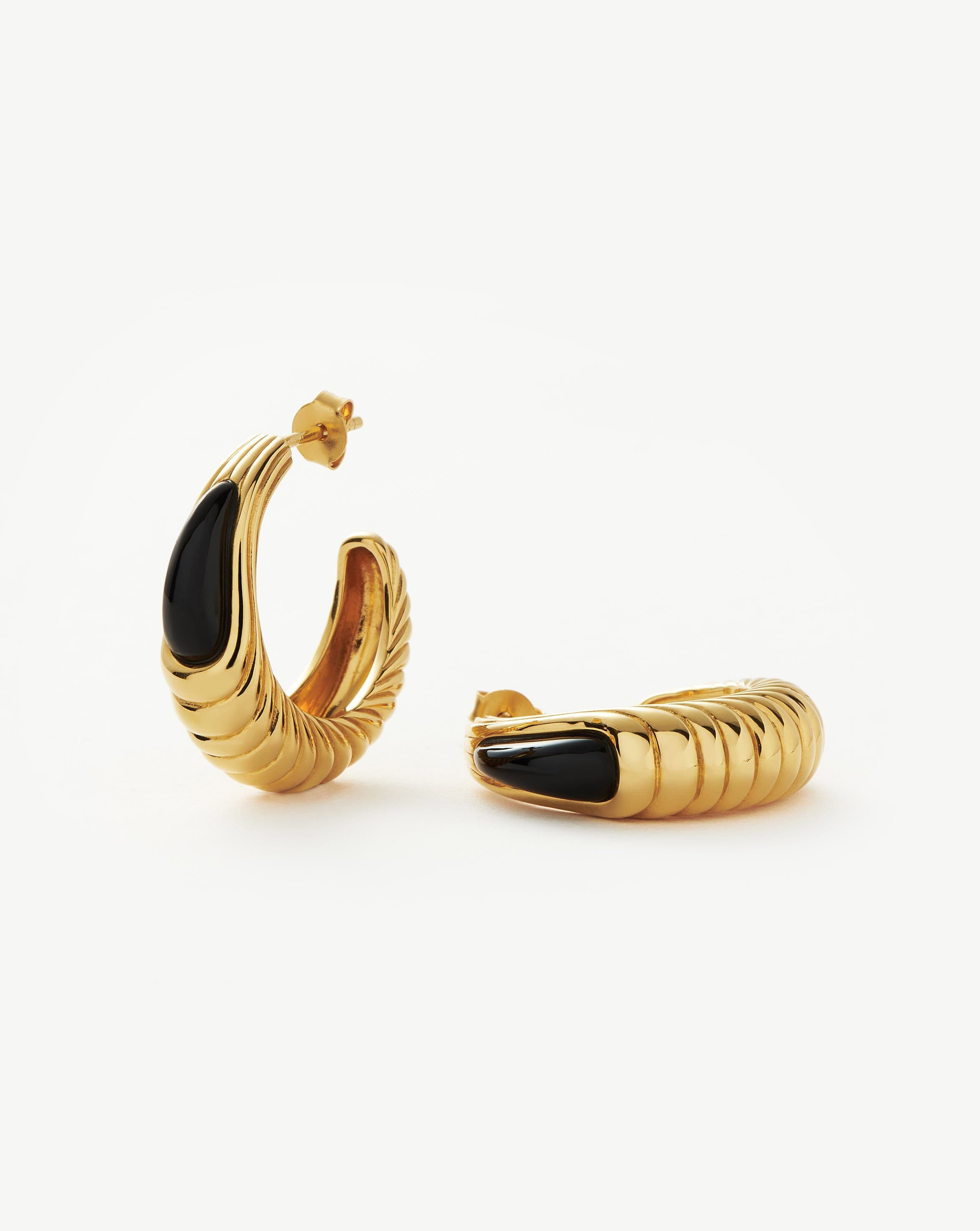 Black Onyx Hoop Earrings for Women | Wavy Ridge 18k Gold Plated