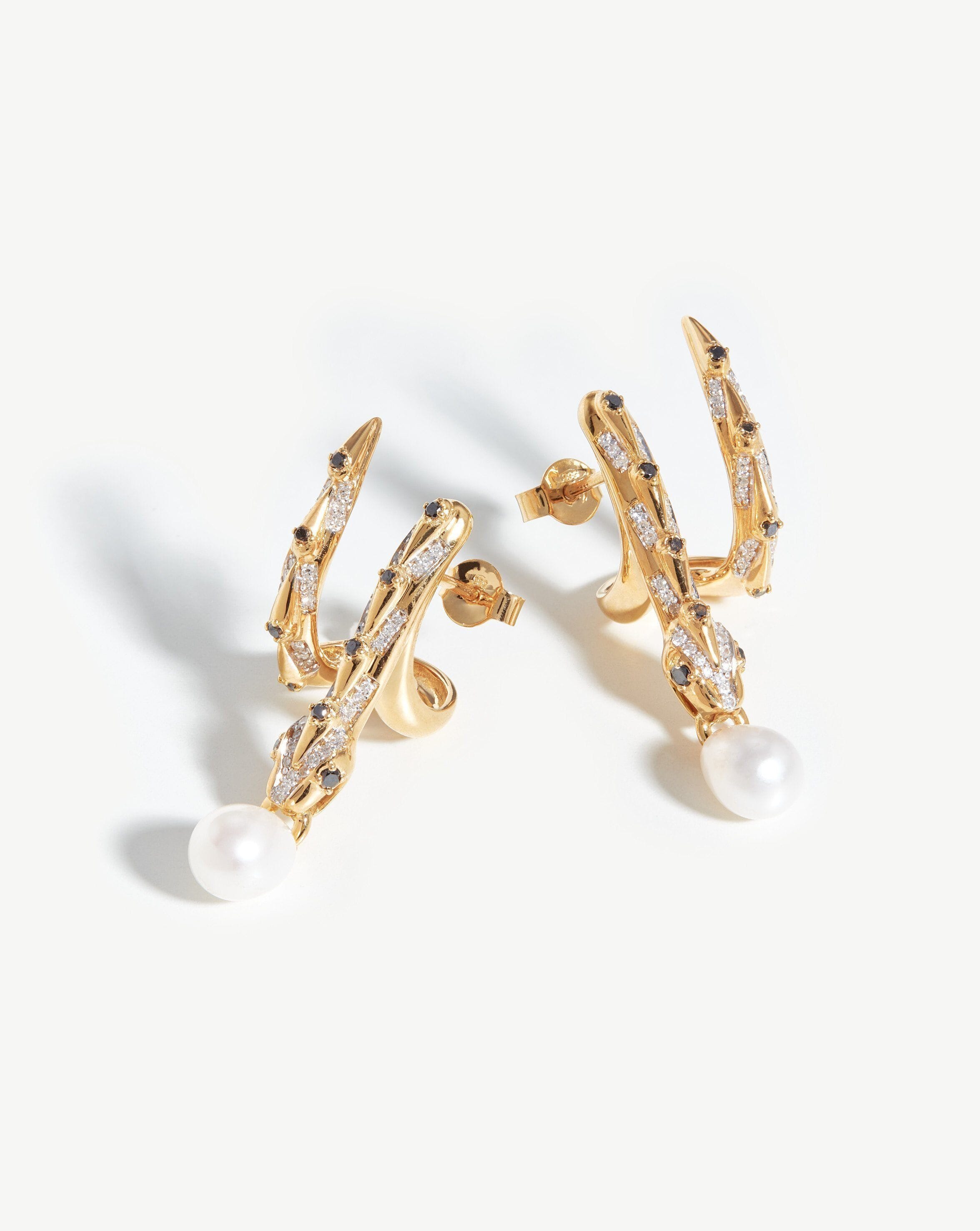 Fine Coiled Serpent Earrings in 14k Gold with Pearl & Diamonds | Harris Reed