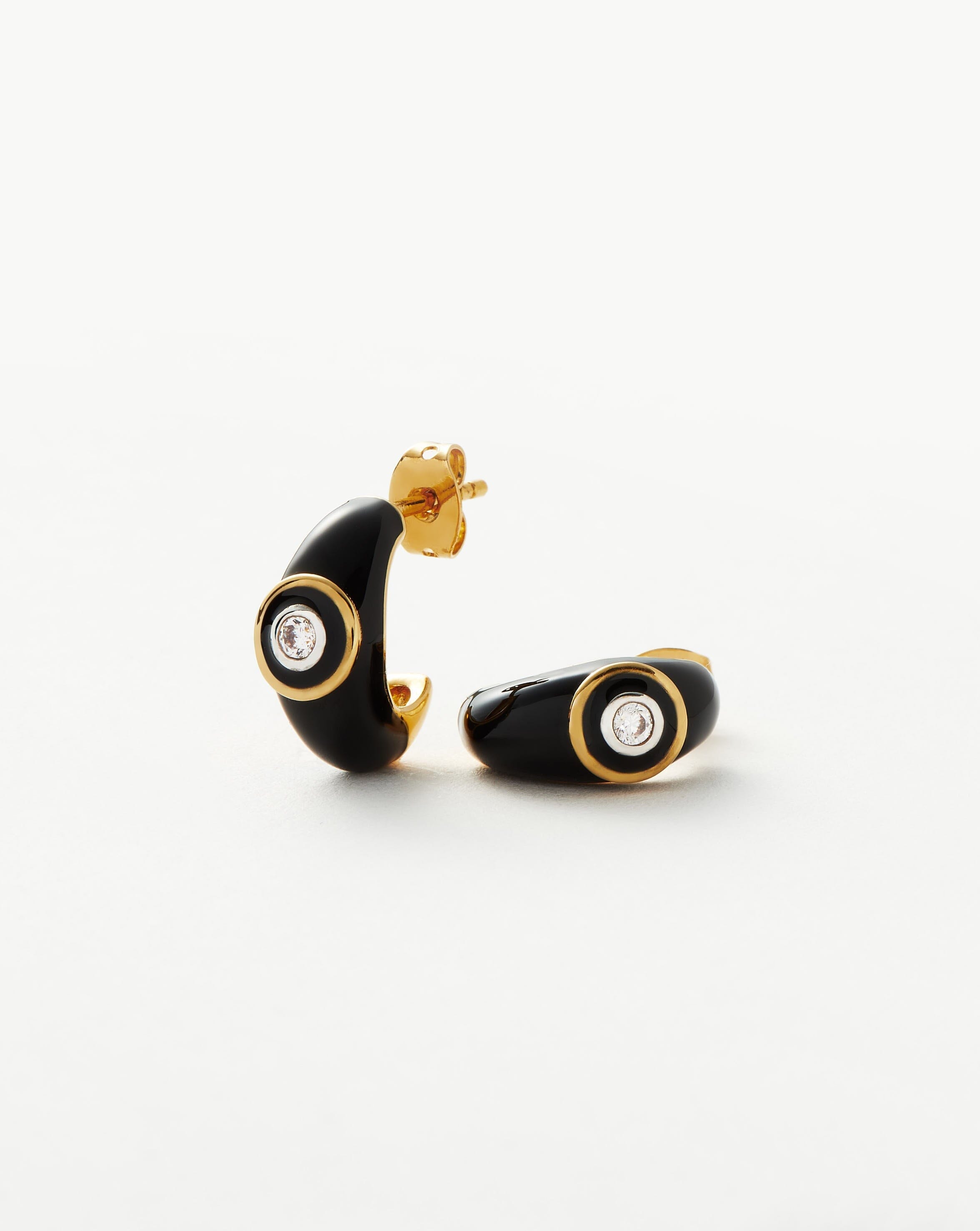 Black Enamel Dome Hoop Earrings | 18k Gold Plated & Cubic Zirconia